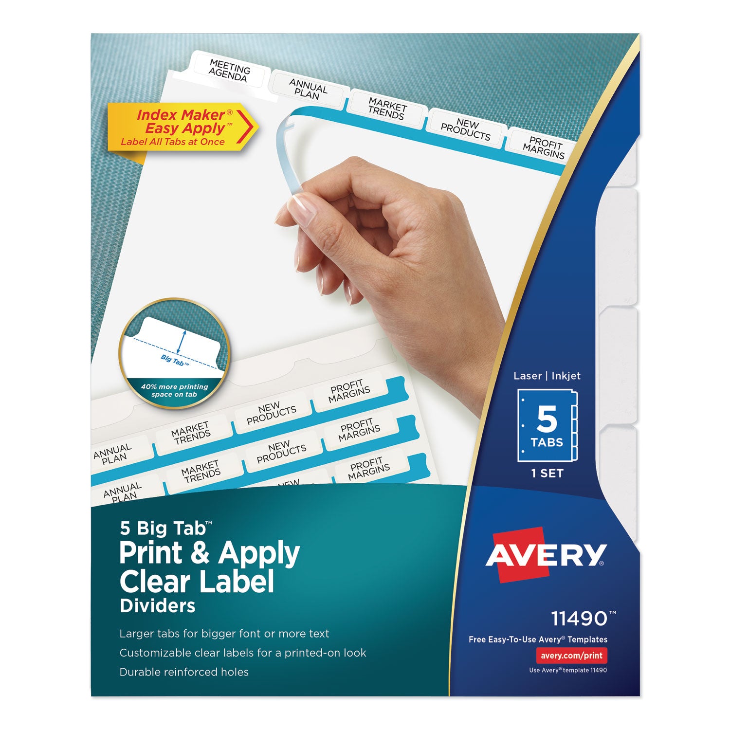 Print and Apply Index Maker Clear Label Dividers, Big Tab, 5-Tab, White Tabs, 11 x 8.5, White, 1 Set - 