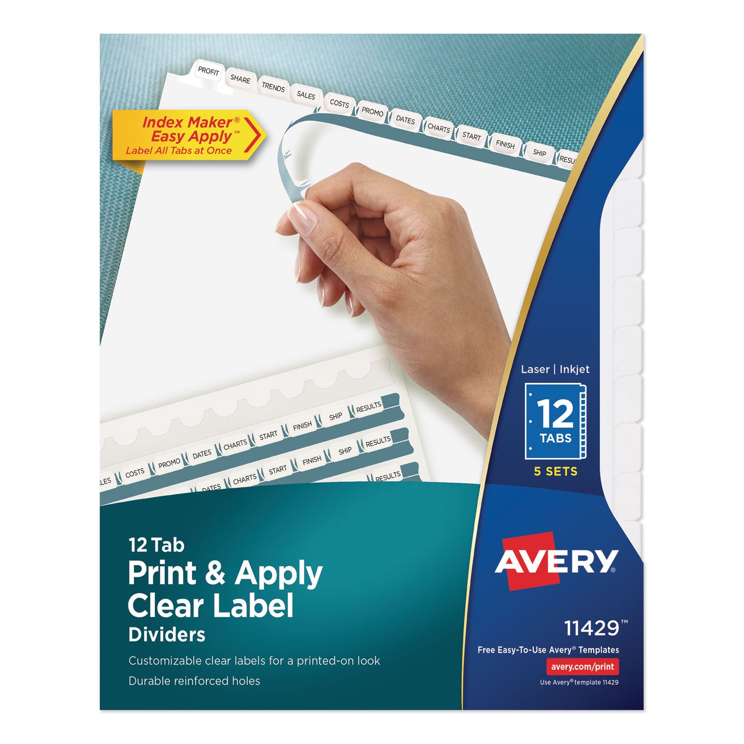 Print and Apply Index Maker Clear Label Dividers, 12-Tab, White Tabs, 11 x 8.5, White, 5 Sets - 
