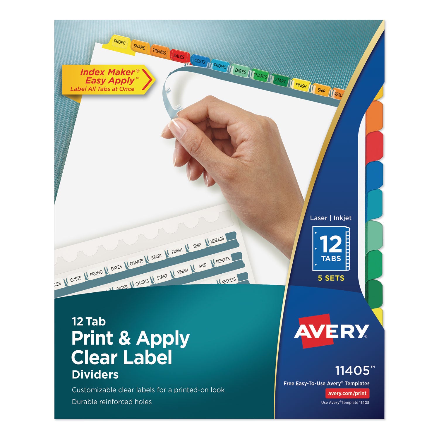 Print and Apply Index Maker Clear Label Dividers, 12-Tab, Color Tabs, 11 x 8.5, White, 5 Sets - 