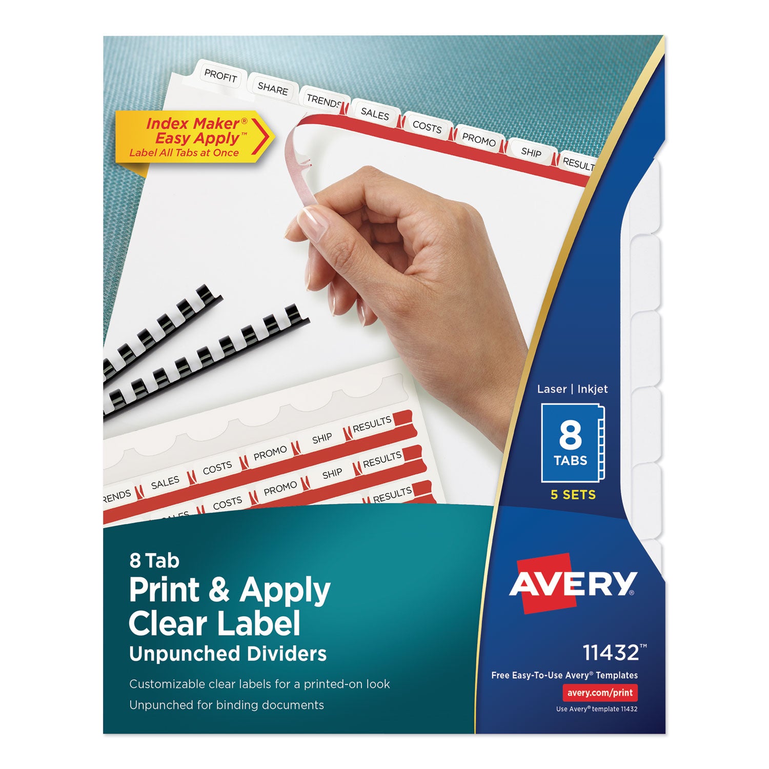 Print and Apply Index Maker Clear Label Unpunched Dividers, 8-Tab, 11 x 8.5, White, 5 Sets - 