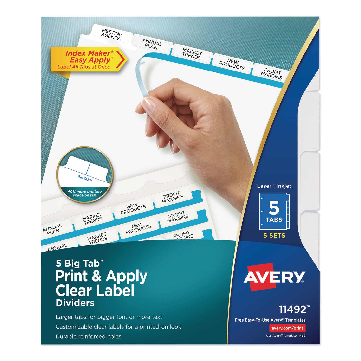 Print and Apply Index Maker Clear Label Dividers, Big Tab, 5-Tab, White Tabs, 11 x 8.5, White, 5 Sets - 