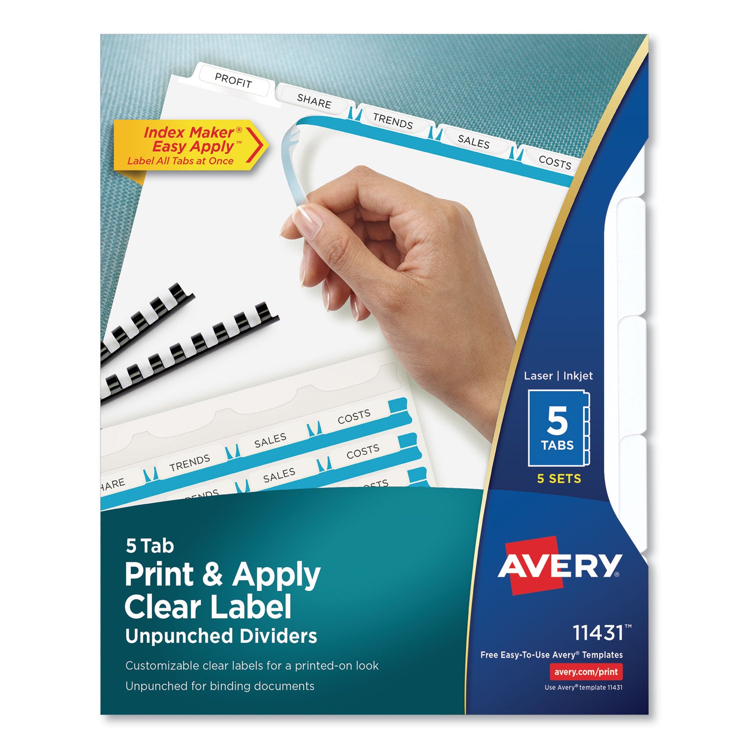 Print and Apply Index Maker Clear Label Unpunched Dividers, 5-Tab, 11 x 8.5, White, 5 Sets - 