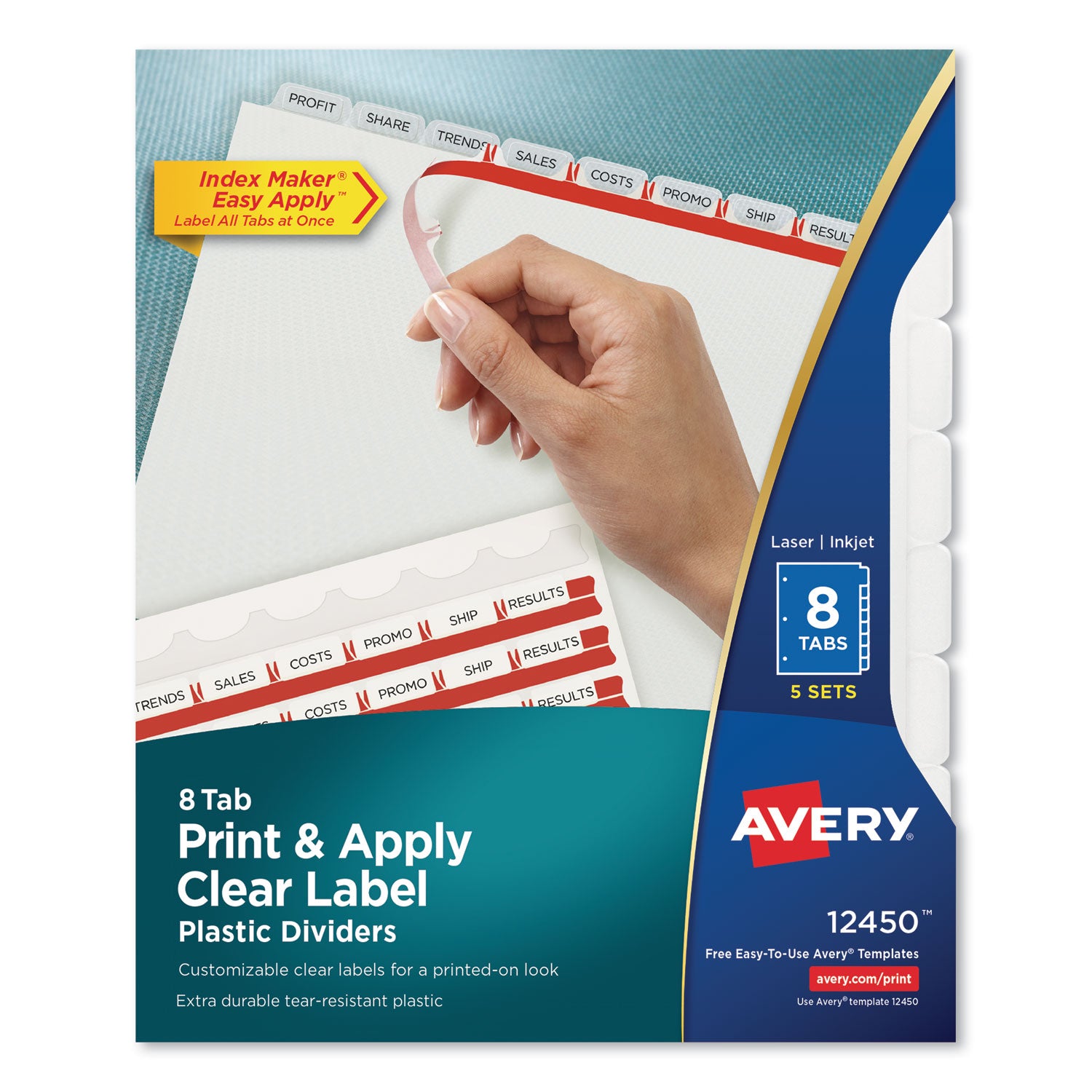 Print and Apply Index Maker Clear Label Plastic Dividers w/Printable Label Strip, 8-Tab, 11 x 8.5, Frosted Clear Tabs, 5 Sets - 