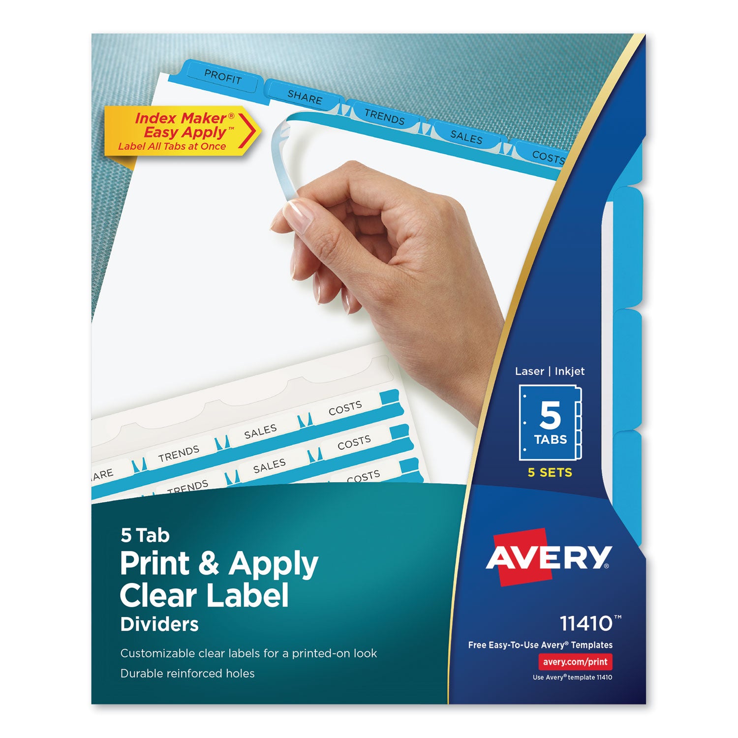 Print and Apply Index Maker Clear Label Dividers, 5-Tab, Color Tabs, 11 x 8.5, White, Blue Tabs, 5 Sets - 