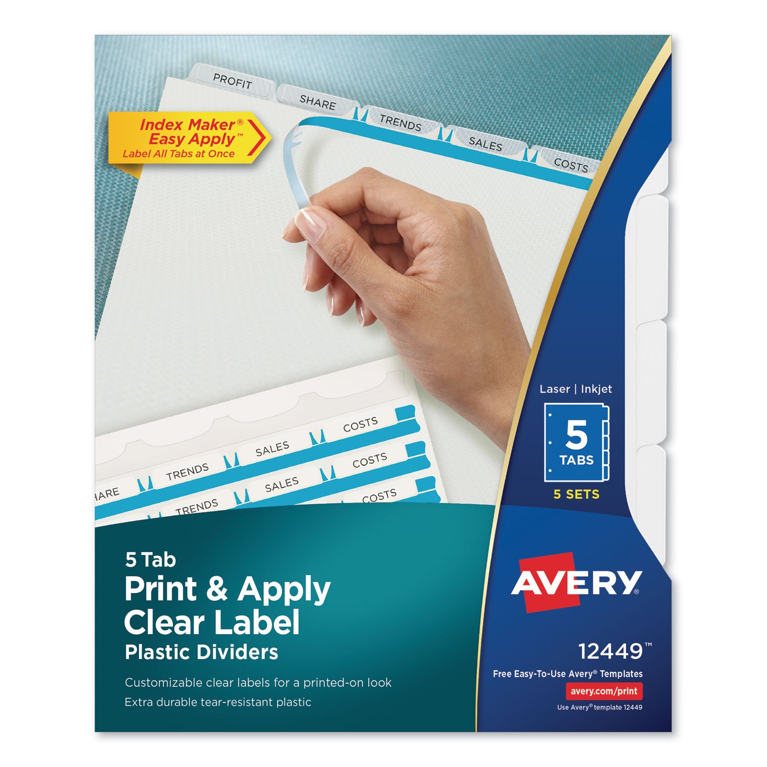 Print and Apply Index Maker Clear Label Plastic Dividers w/Printable Label Strip, 5-Tab, 11 x 8.5, Frosted Clear Tabs, 5 Sets - 