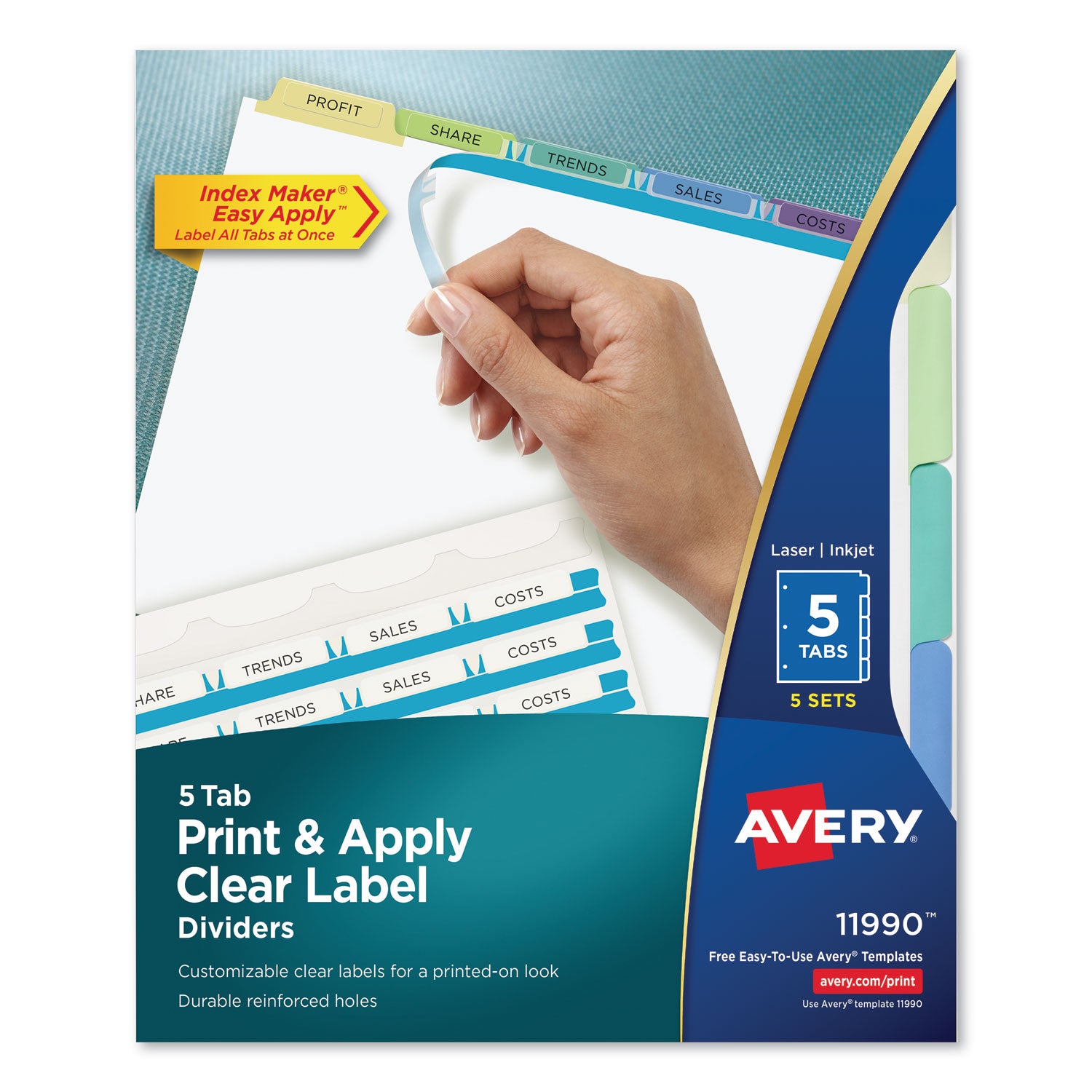 Print and Apply Index Maker Clear Label Dividers, 5-Tab, Color Tabs, 11 x 8.5, White, Contemporary Color Tabs, 5 Sets - 