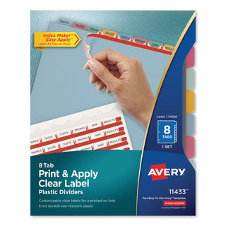 Print and Apply Index Maker Clear Label Plastic Dividers with Printable Label Strip, 8-Tab, 11 x 8.5, Assorted Tabs, 1 Set - 