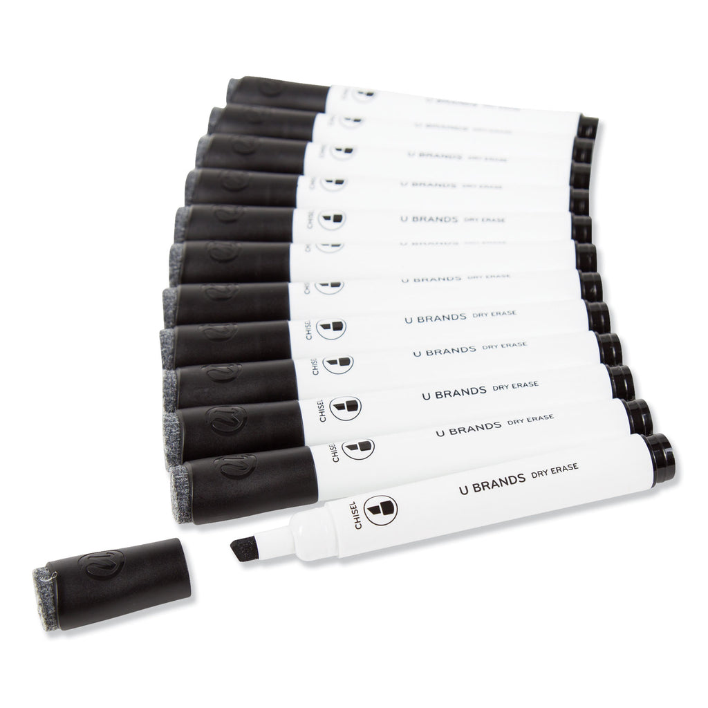 Chisel Tip Low-Odor Dry-Erase Markers with Erasers, Broad Chisel Tip, Black, Dozen