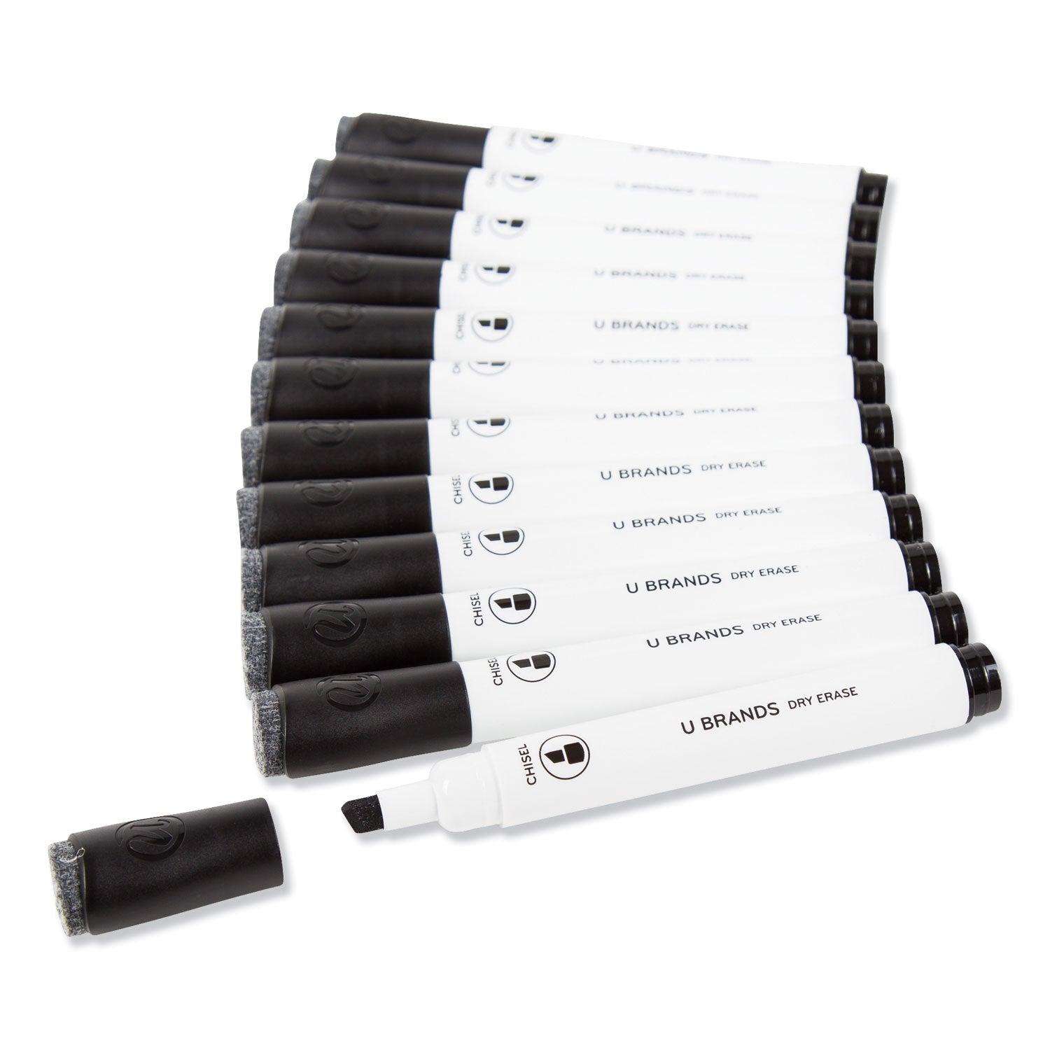 Chisel Tip Low-Odor Dry-Erase Markers with Erasers, Broad Chisel Tip, Black, Dozen