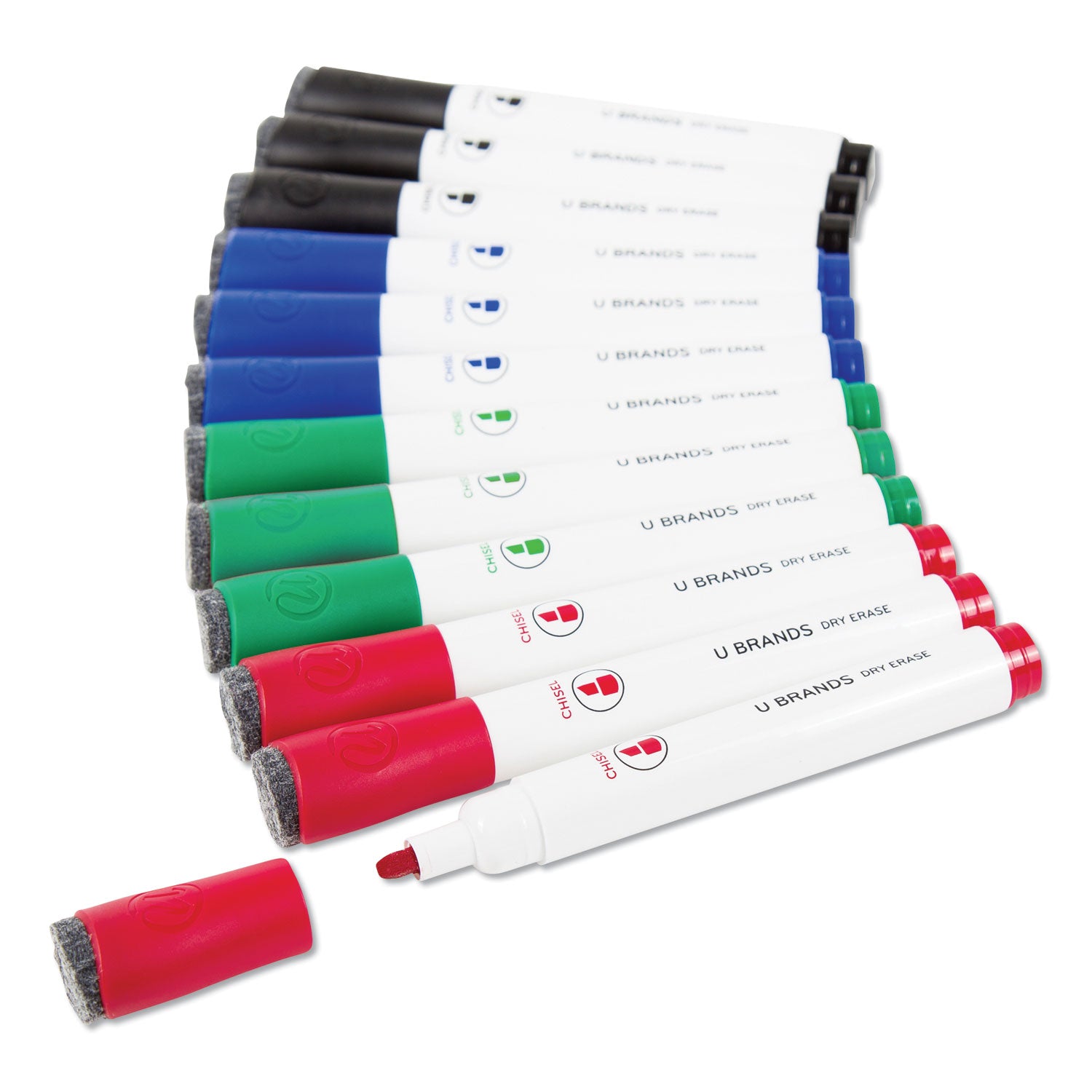 Chisel Tip Low-Odor Dry-Erase Markers with Erasers, Broad Chisel Tip, Assorted Colors, 12/Pack