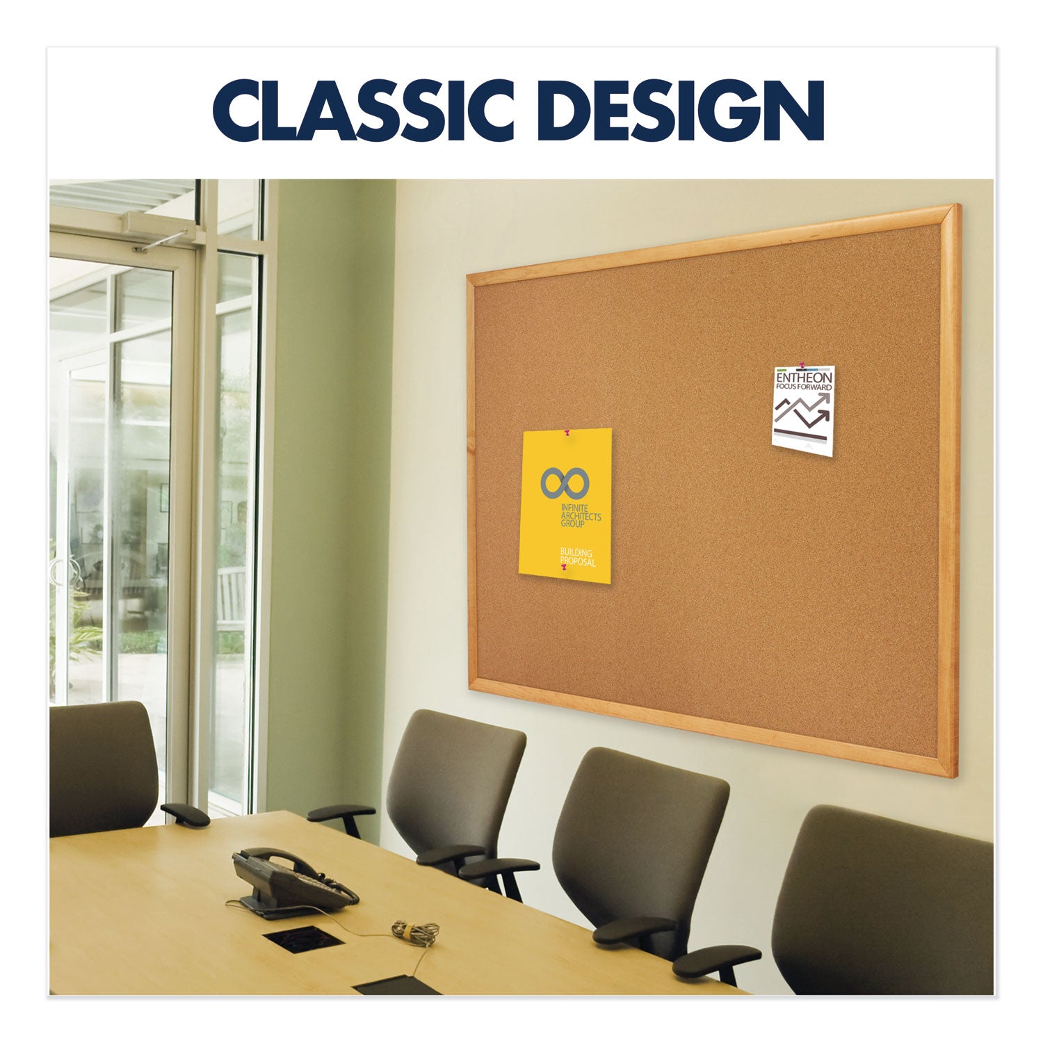Classic Series Cork Bulletin Board, 36 x 24, Tan Surface, Oak Fiberboard Frame - 