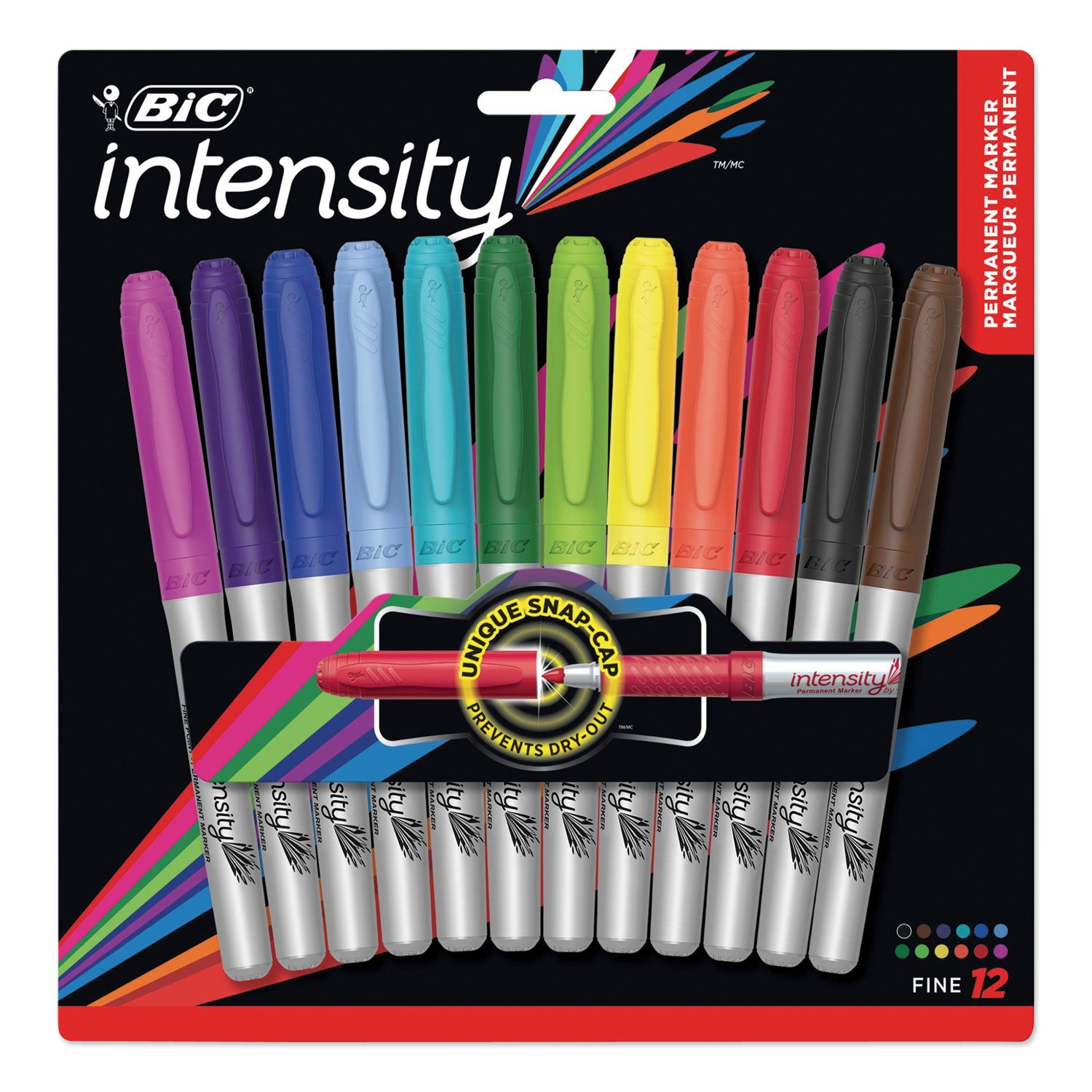 Intensity Fine Tip Permanent Marker, Fine Bullet Tip, Assorted Colors, 12/Set - 