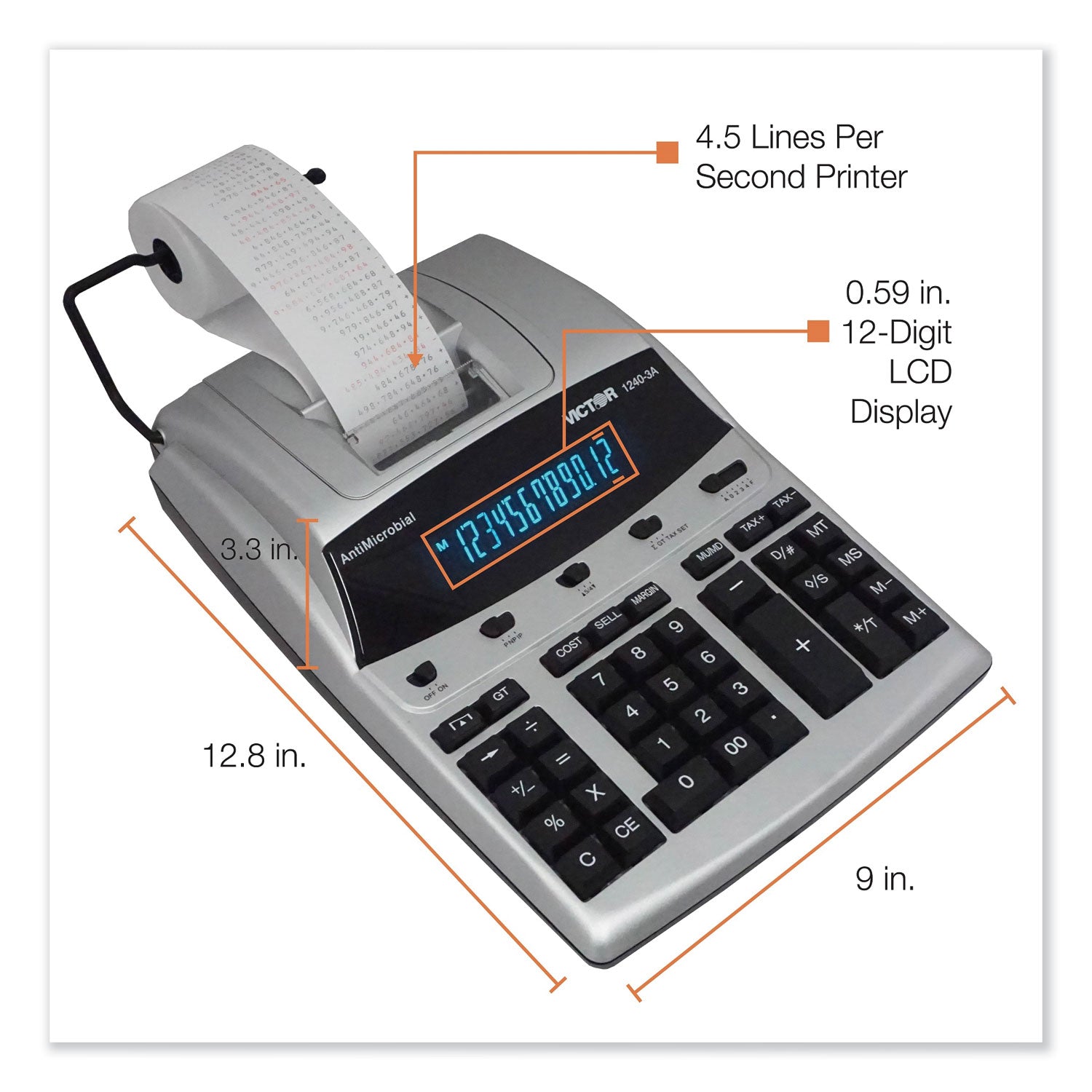 1240-3A Antimicrobial Printing Calculator, Black/Red Print, 4.5 Lines/Sec