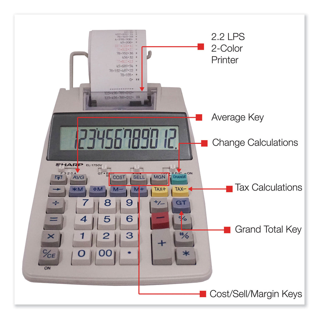EL-1750V Two-Color Printing Calculator, Black/Red Print, 2 Lines/Sec - 