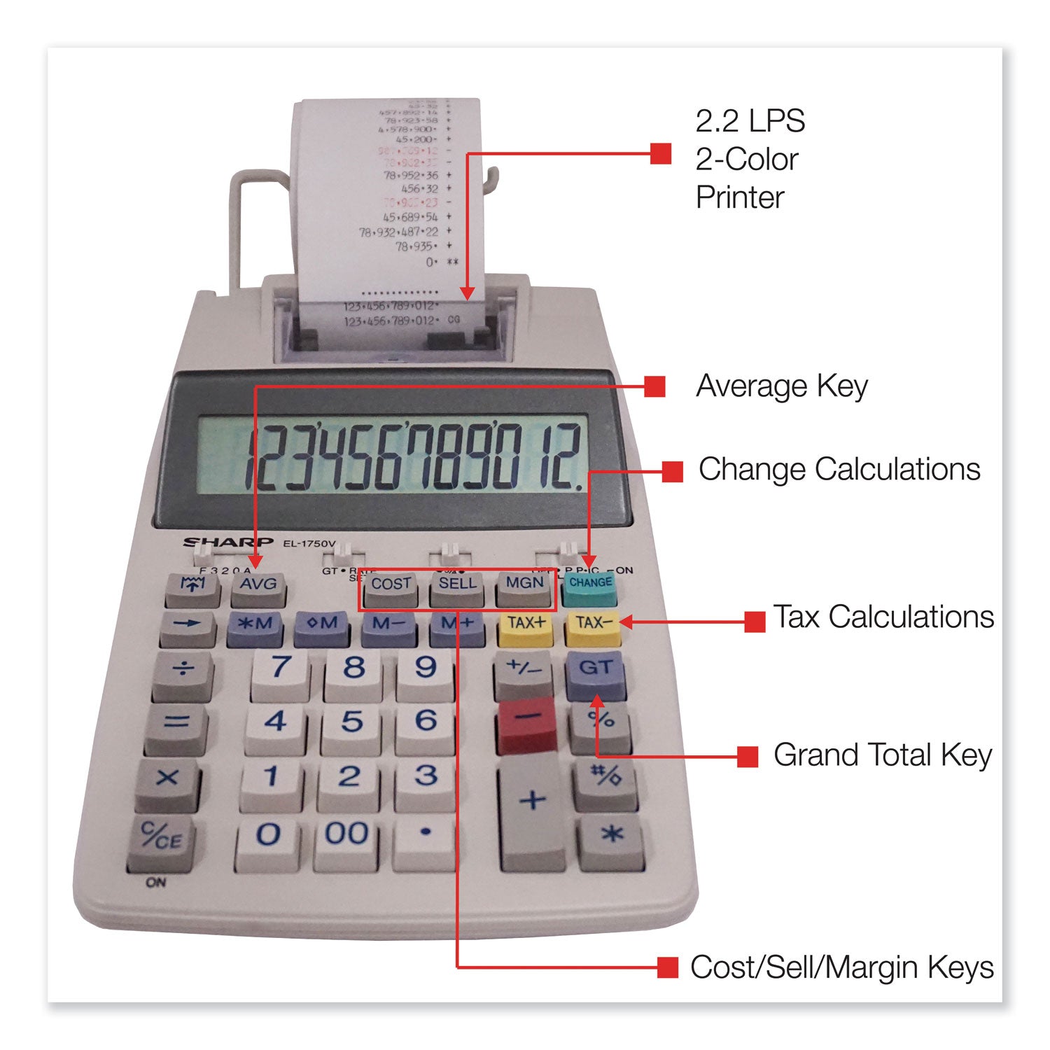 EL-1750V Two-Color Printing Calculator, Black/Red Print, 2 Lines/Sec - 