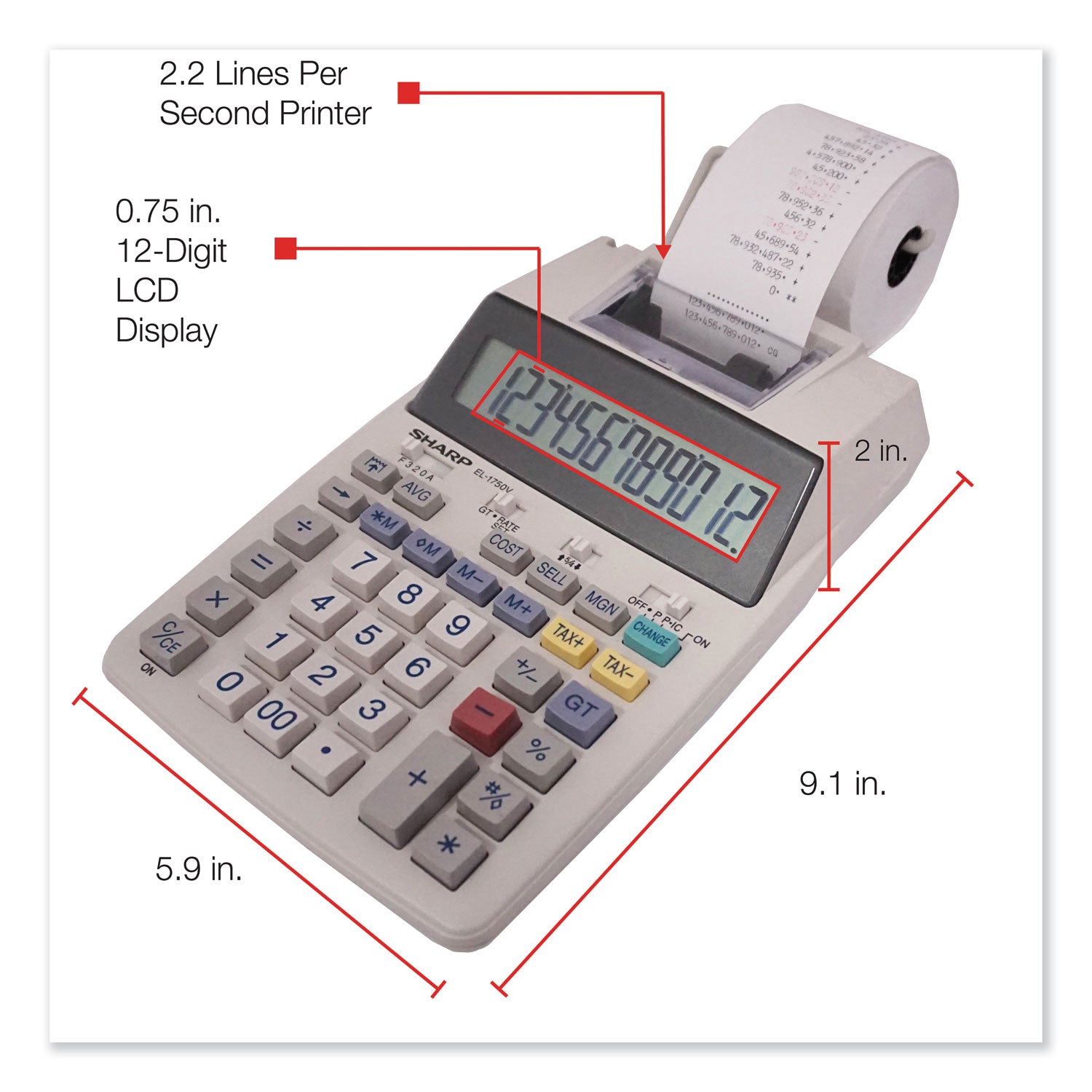 EL-1750V Two-Color Printing Calculator, Black/Red Print, 2 Lines/Sec - 