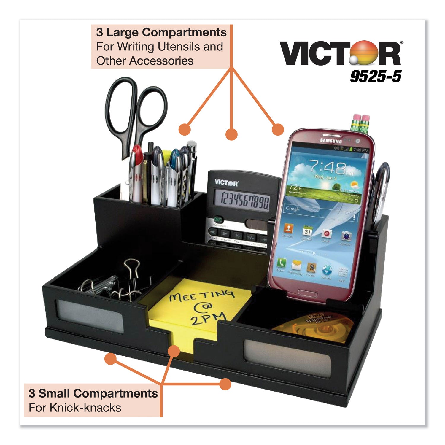 Midnight Black Desk Organizer with Smartphone Holder, 6 Compartments, Wood, 10.5 x 5.5 x 4 - 