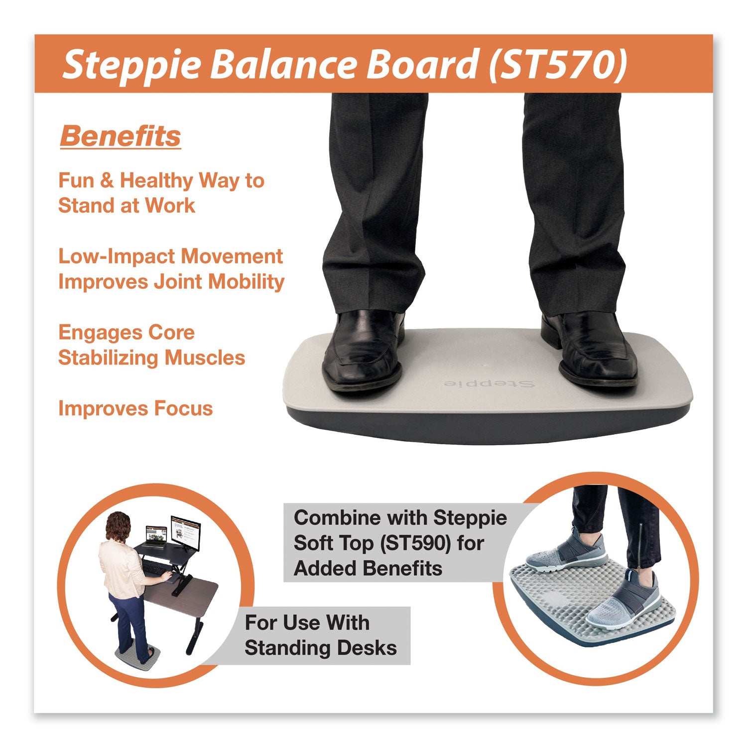 Steppie Balance Board, 22.5w x 14.5d x 2.13h, Two-Tone Gray - 2