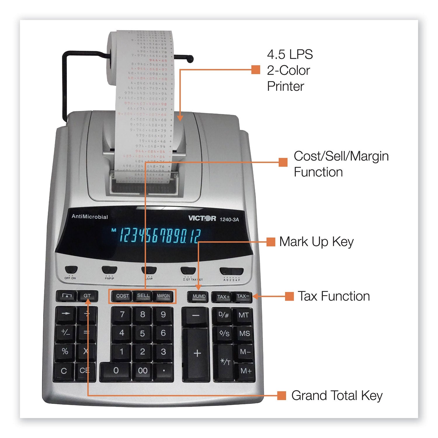 1240-3A Antimicrobial Printing Calculator, Black/Red Print, 4.5 Lines/Sec