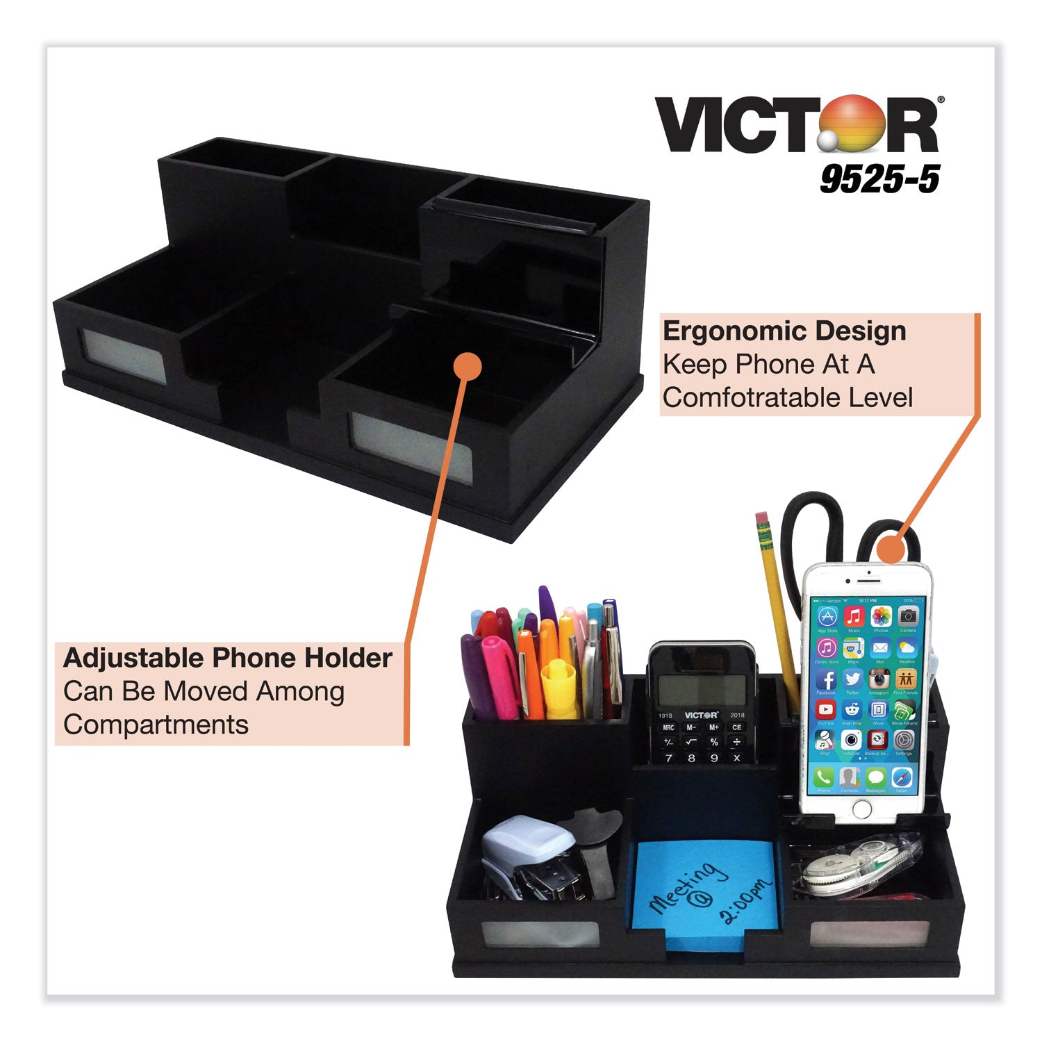 Midnight Black Desk Organizer with Smartphone Holder, 6 Compartments, Wood, 10.5 x 5.5 x 4 - 