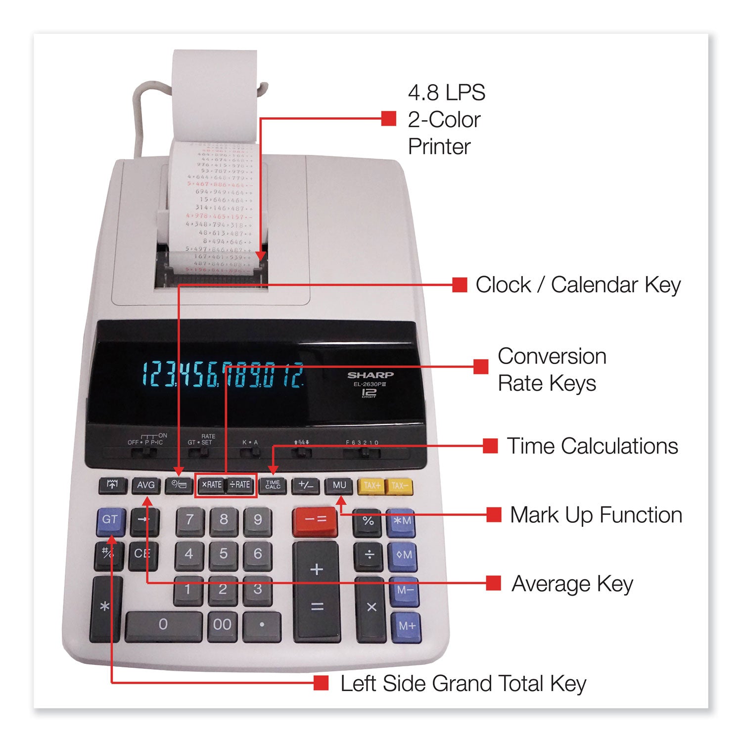 EL2630PIII Two-Color Printing Calculator, Black/Red Print, 4.8 Lines/Sec - 