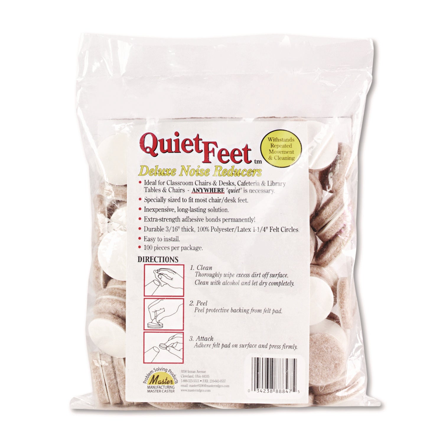 Quiet Feet Deluxe Noise Reducers, 1.25" dia, Circular, Beige, 100/Pack