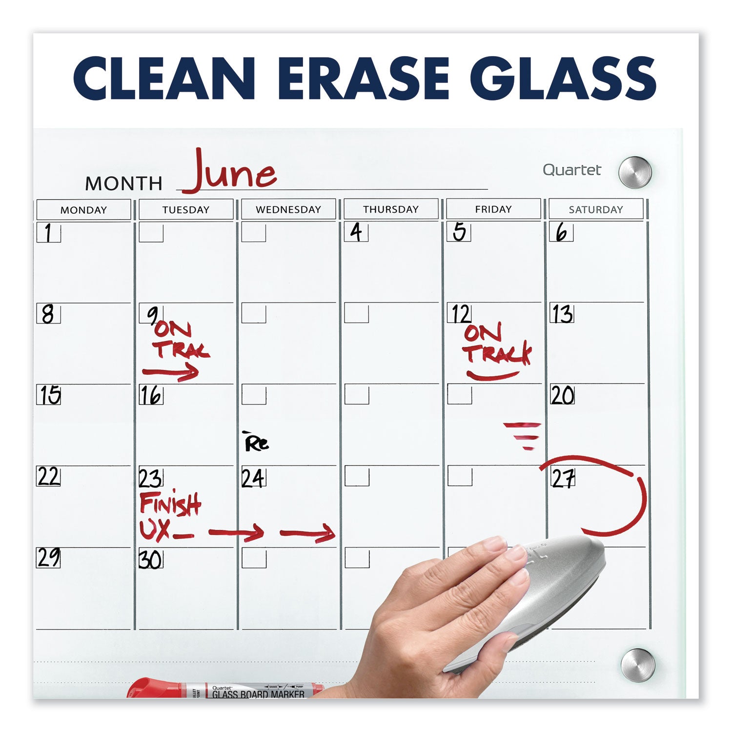 Infinity Magnetic Glass Calendar Board, One Month, 36 x 24, White Surface