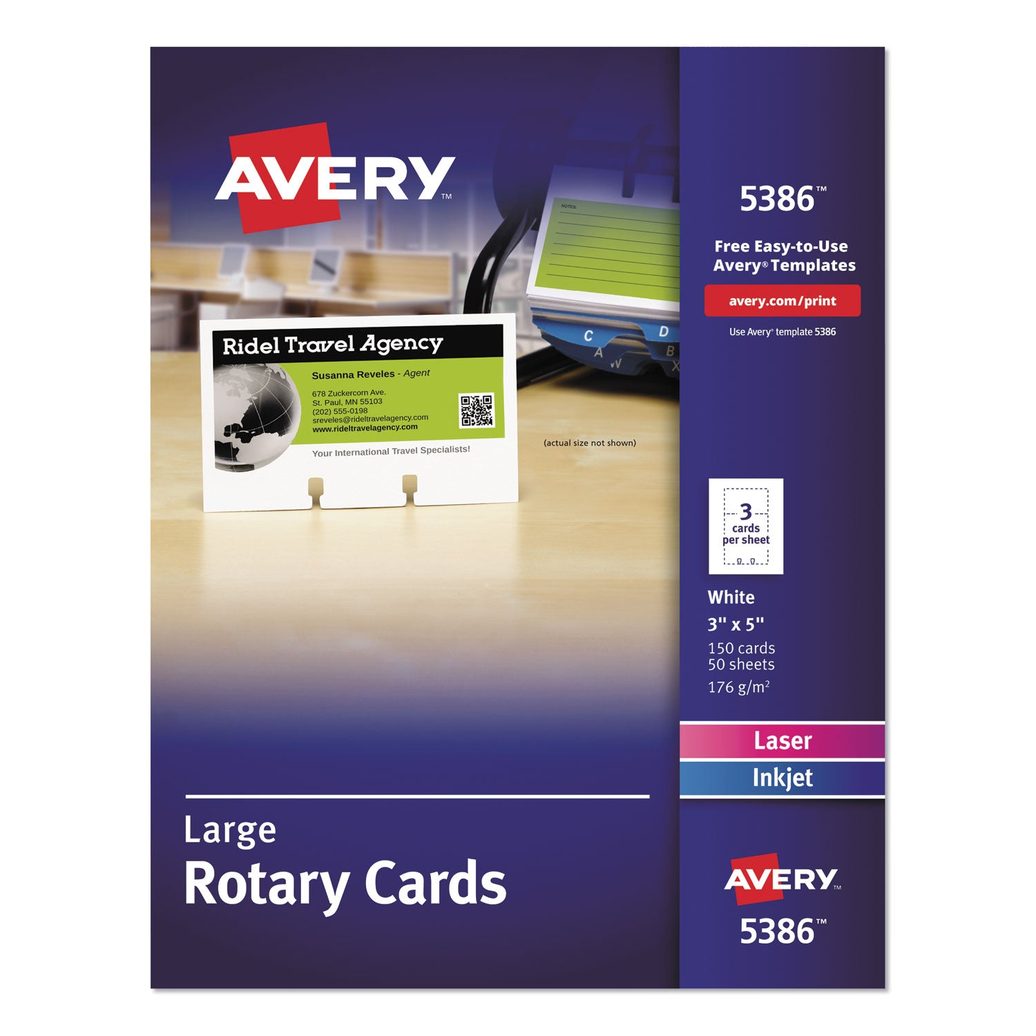 Large Rotary Cards, Laser/Inkjet, 3 x 5, White, 3 Cards/Sheet, 150 Cards/Box - 