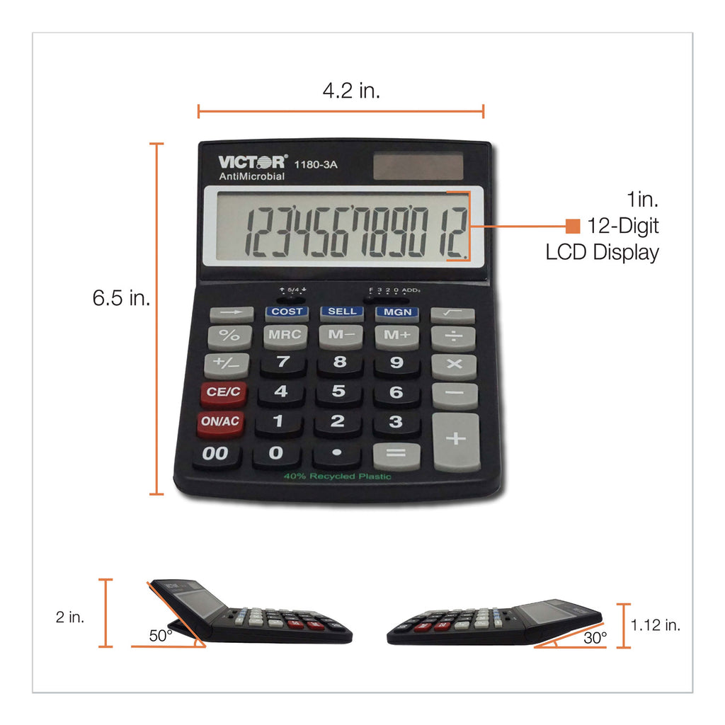 1180-3A Antimicrobial Desktop Calculator, 12-Digit LCD