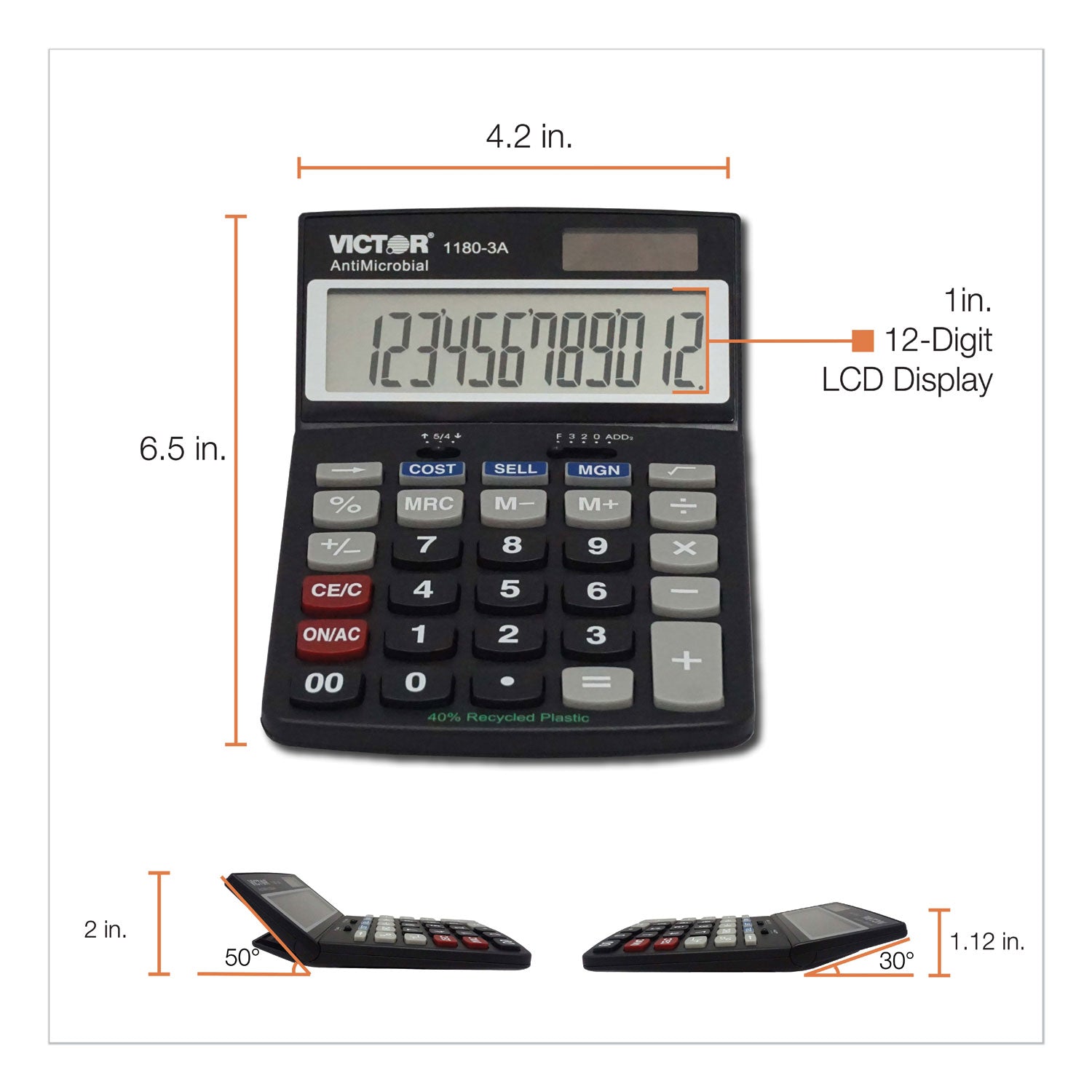 1180-3A Antimicrobial Desktop Calculator, 12-Digit LCD