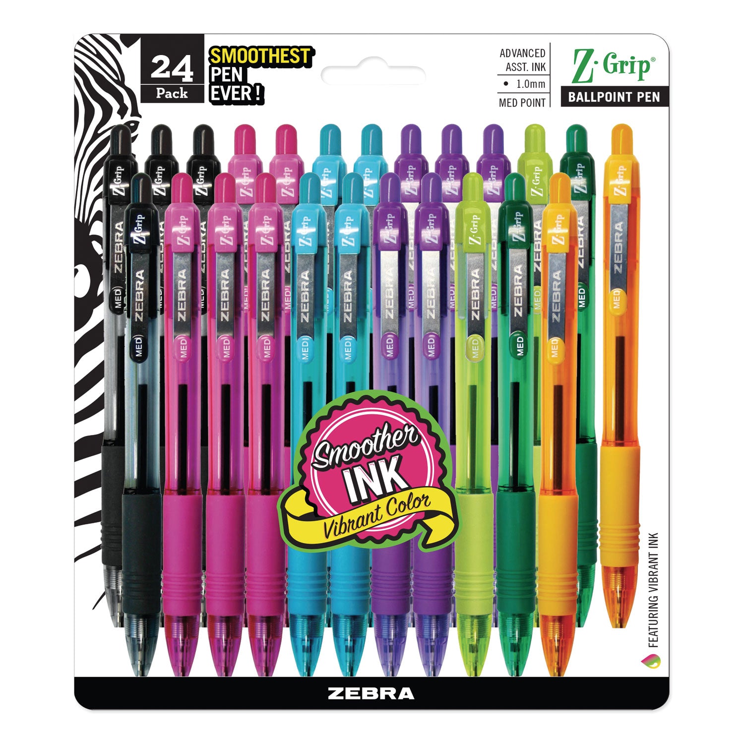 Z-Grip Ballpoint Pen, Retractable, Medium 1 mm, Assorted Artistic Ink Colors, Assorted Barrel Colors, 24/Pack - 
