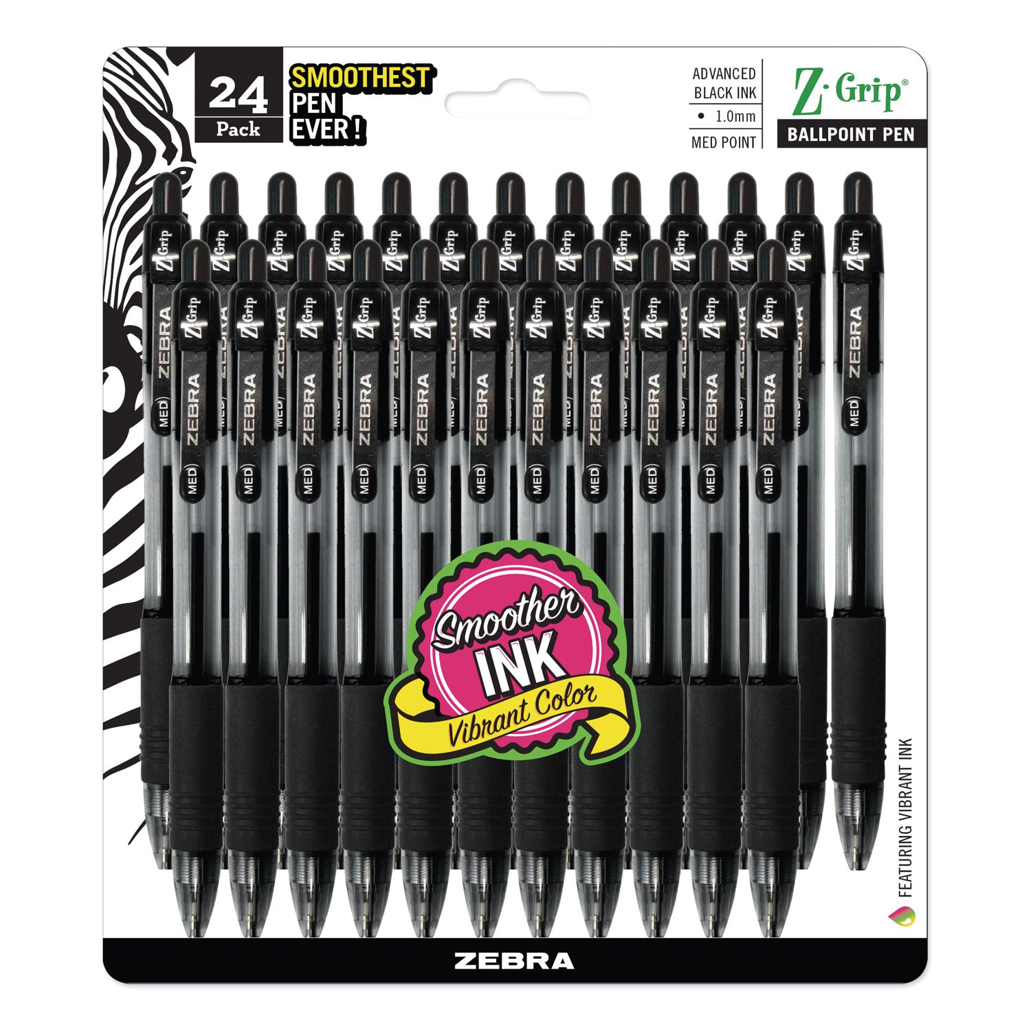 Z-Grip Ballpoint Pen, Retractable, Medium 1 mm, Black Ink, Clear/Black Barrel, 24/Pack - 