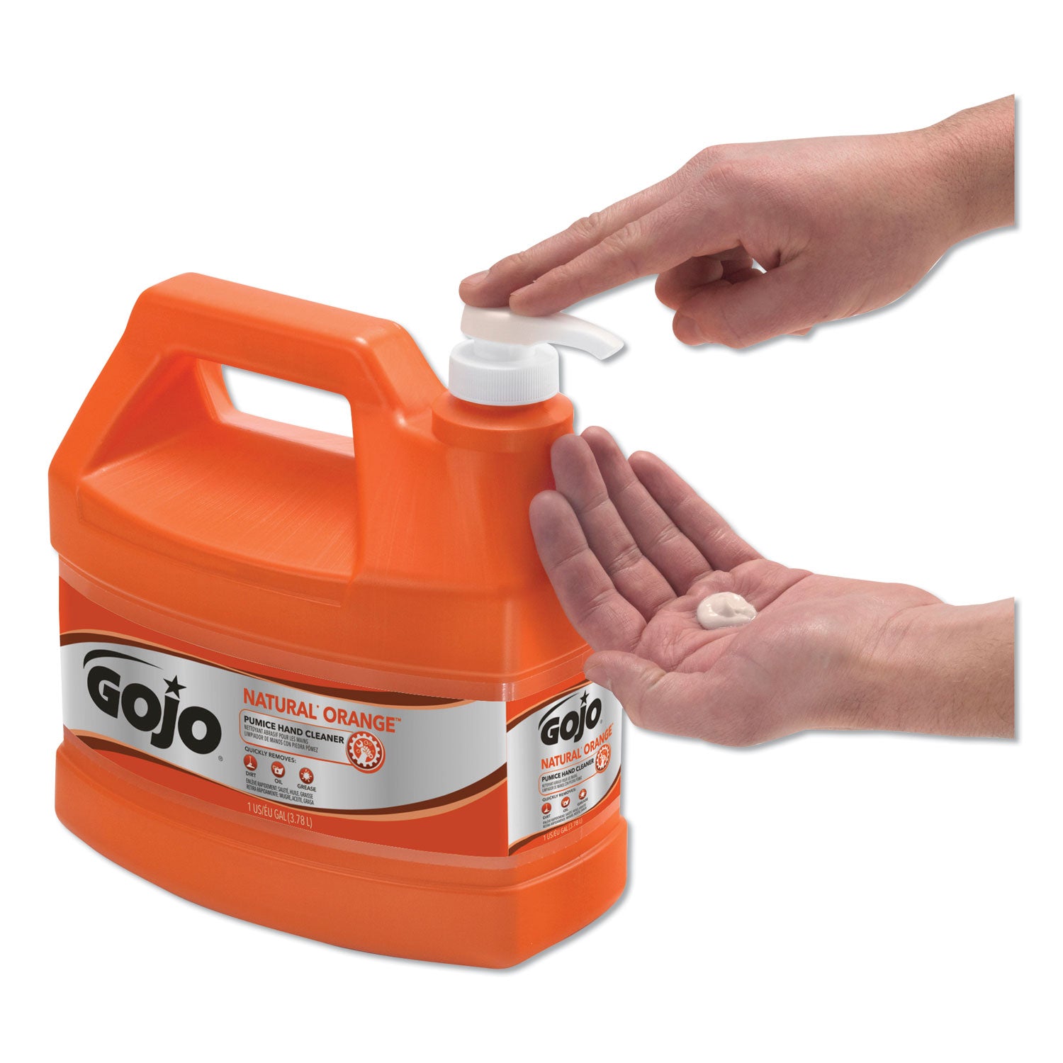 Gojo Natural Orange Pumice Hand Cleaner - Fragrance-free ScentFor - 1 gal (3.8 L) - Pump Bottle Dispenser - Dirt Remover, Oil Remover, Grease Remover - Hand - White - Heavy Duty, Fast Acting - 4 / Carton - 3