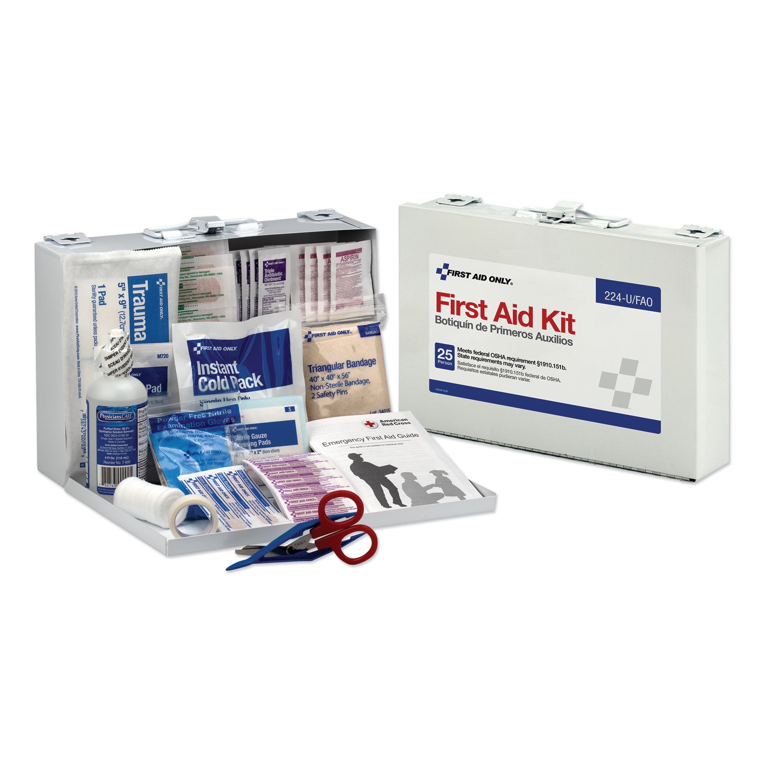 First Aid Kit for 25 People, 104 Pieces, OSHA Compliant, Metal Case - 