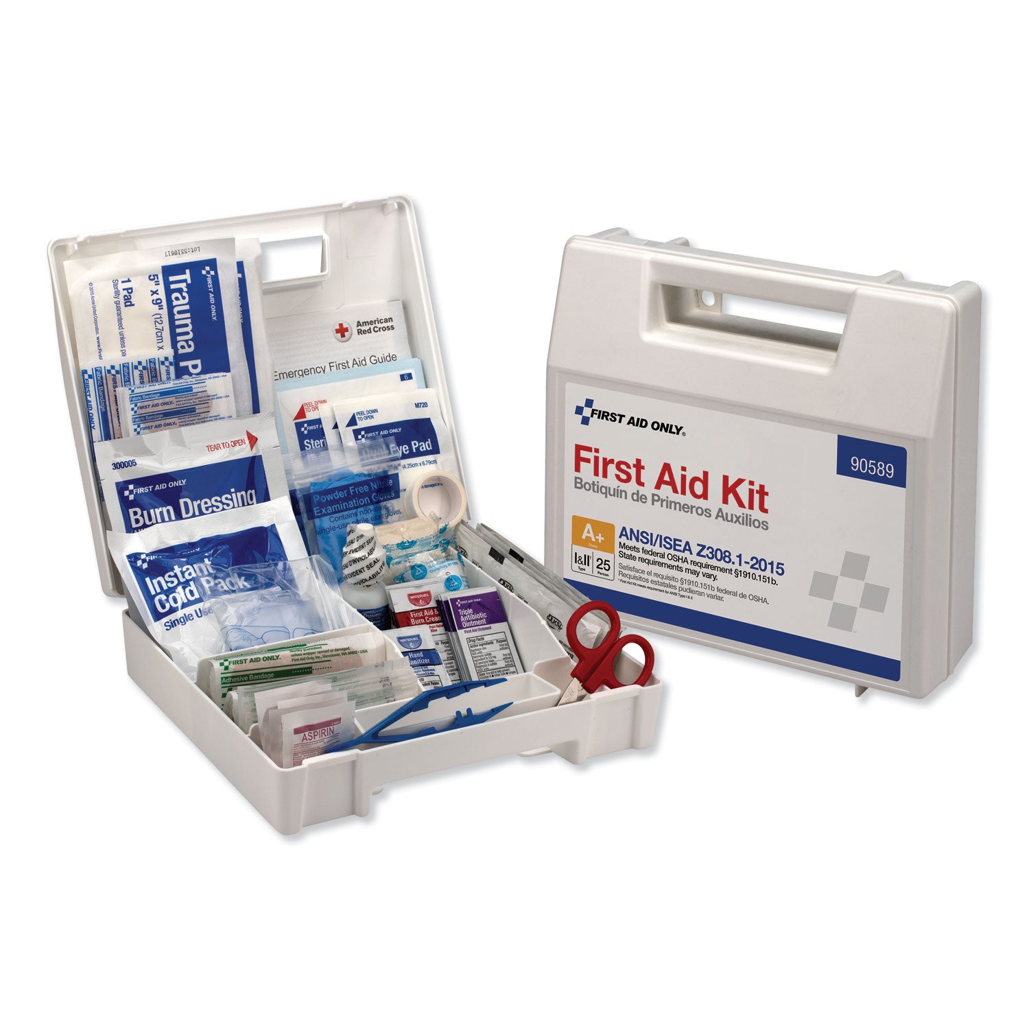 ANSI 2015 Compliant Class A+ Type I and II First Aid Kit for 25 People, 141 Pieces, Plastic Case - 