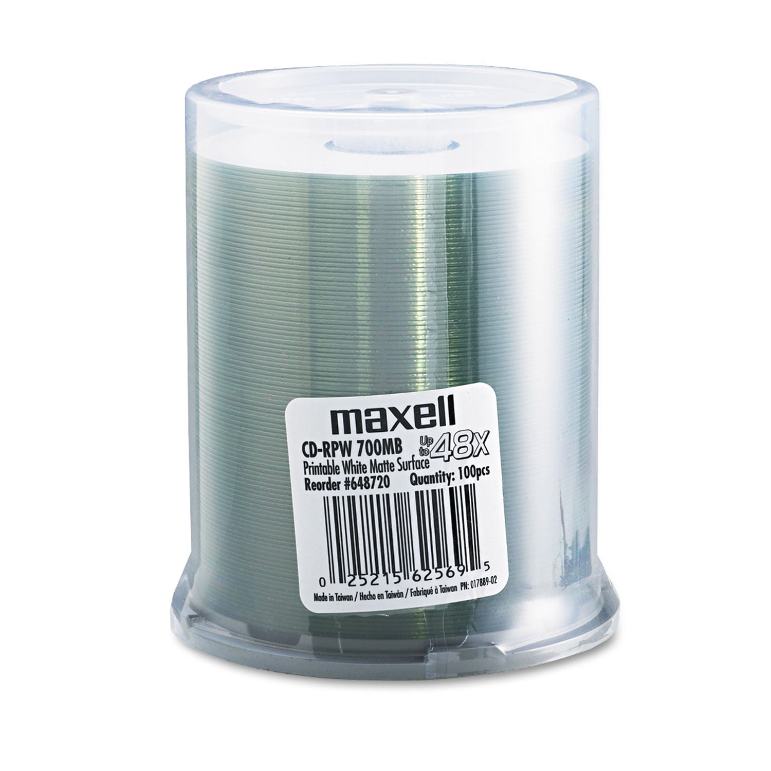 CD-R Printable Recordable Disc, 700 MB/80 min, 48x, Spindle, Matte White, 100/Pack - 