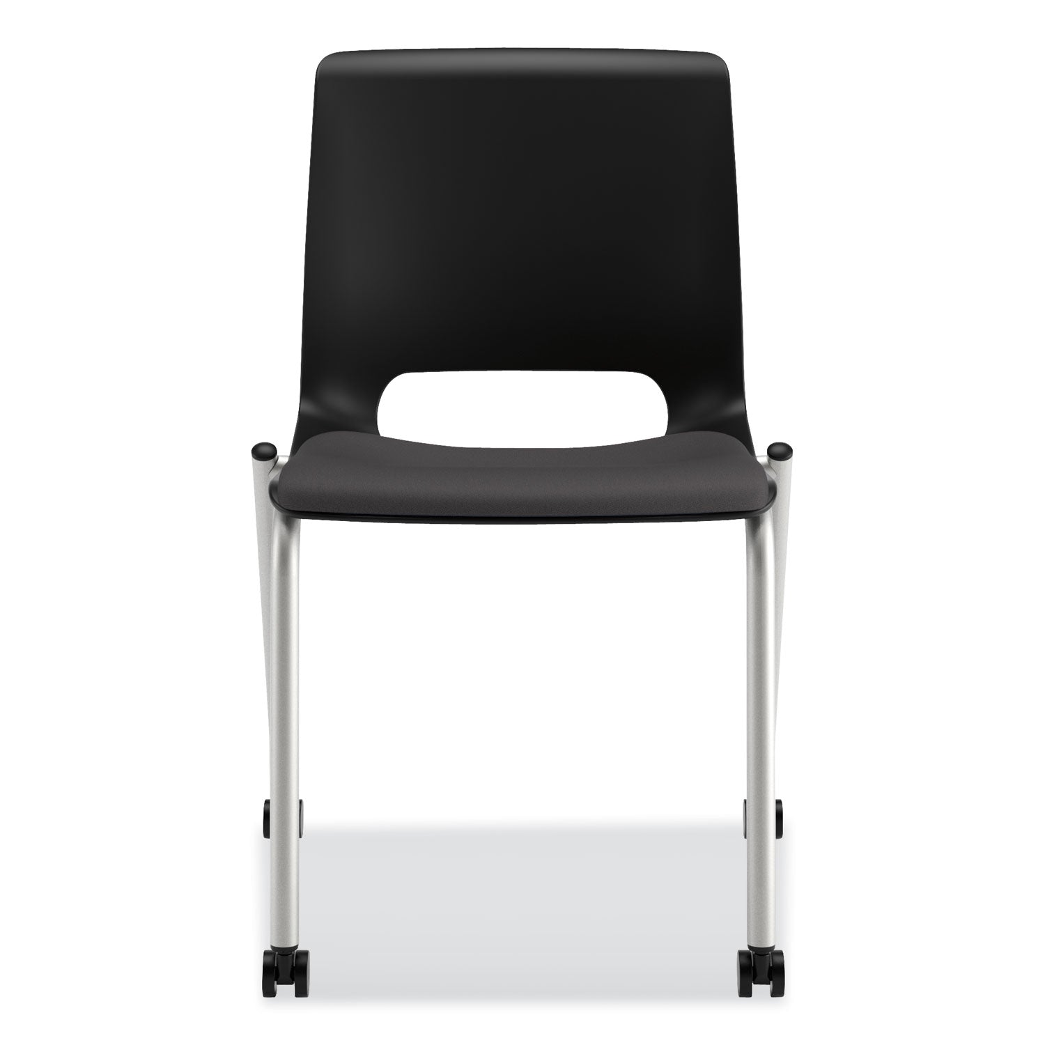 Motivate Four-Leg Stacking Chair, Supports 300 lb, 18.25" Seat Height, Onyx Fabric Seat, Black Back, Platinum Base, 2/Carton - 