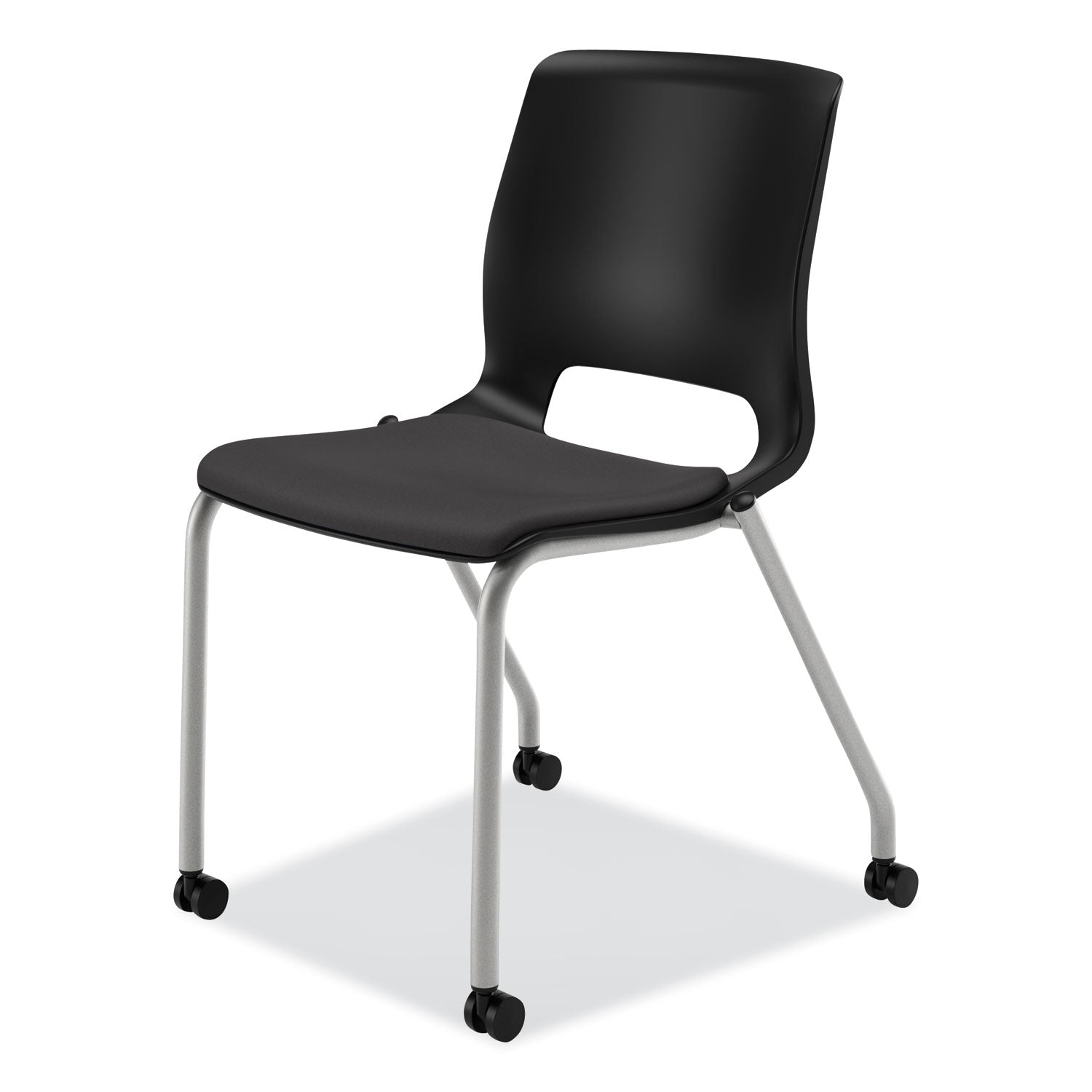 Motivate Four-Leg Stacking Chair, Supports 300 lb, 18.25" Seat Height, Onyx Fabric Seat, Black Back, Platinum Base, 2/Carton - 
