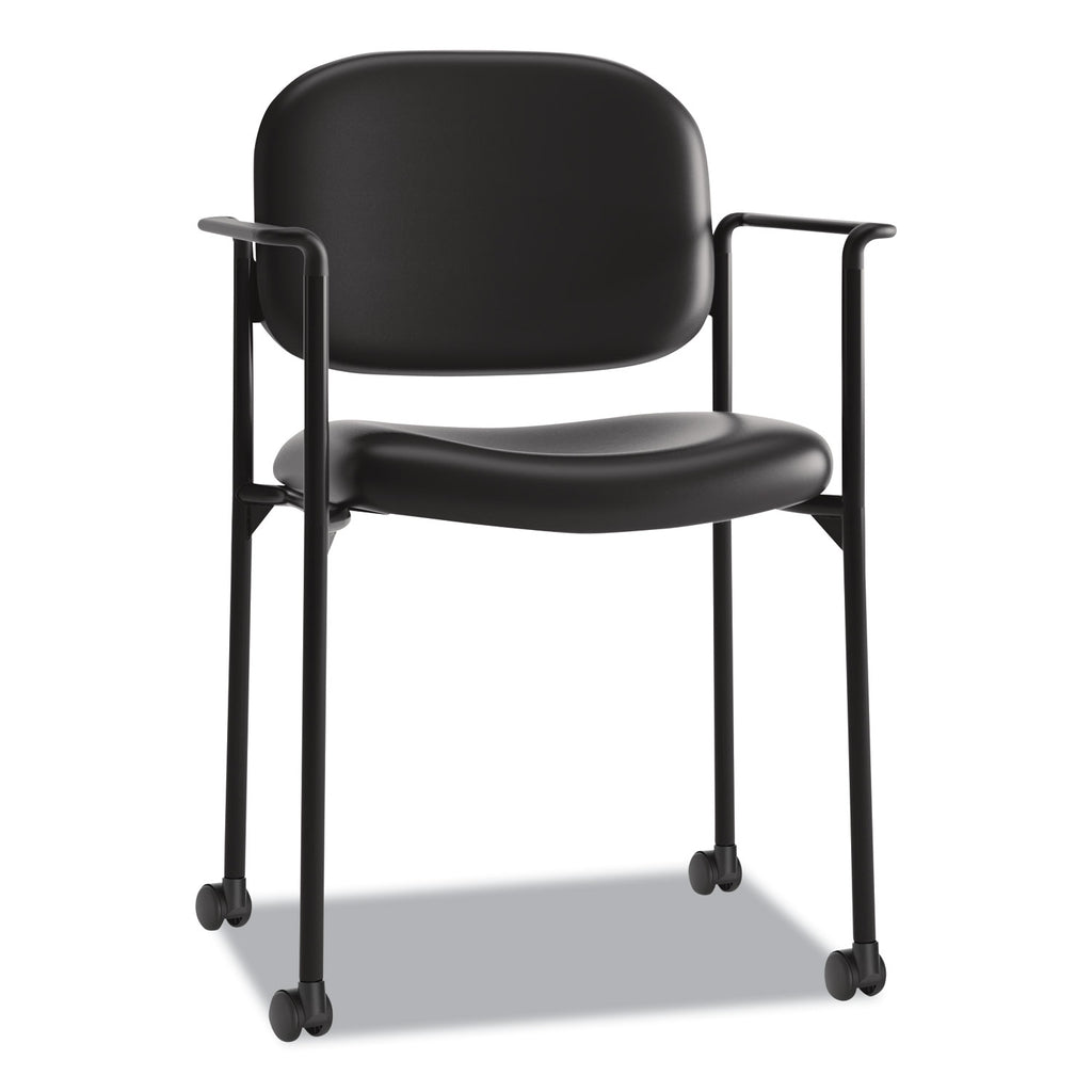 VL616 Stacking Guest Chair with Arms, Bonded Leather Upholstery, 23.25" x 21" x 32.75", Black Seat, Black Back, Black Base - 