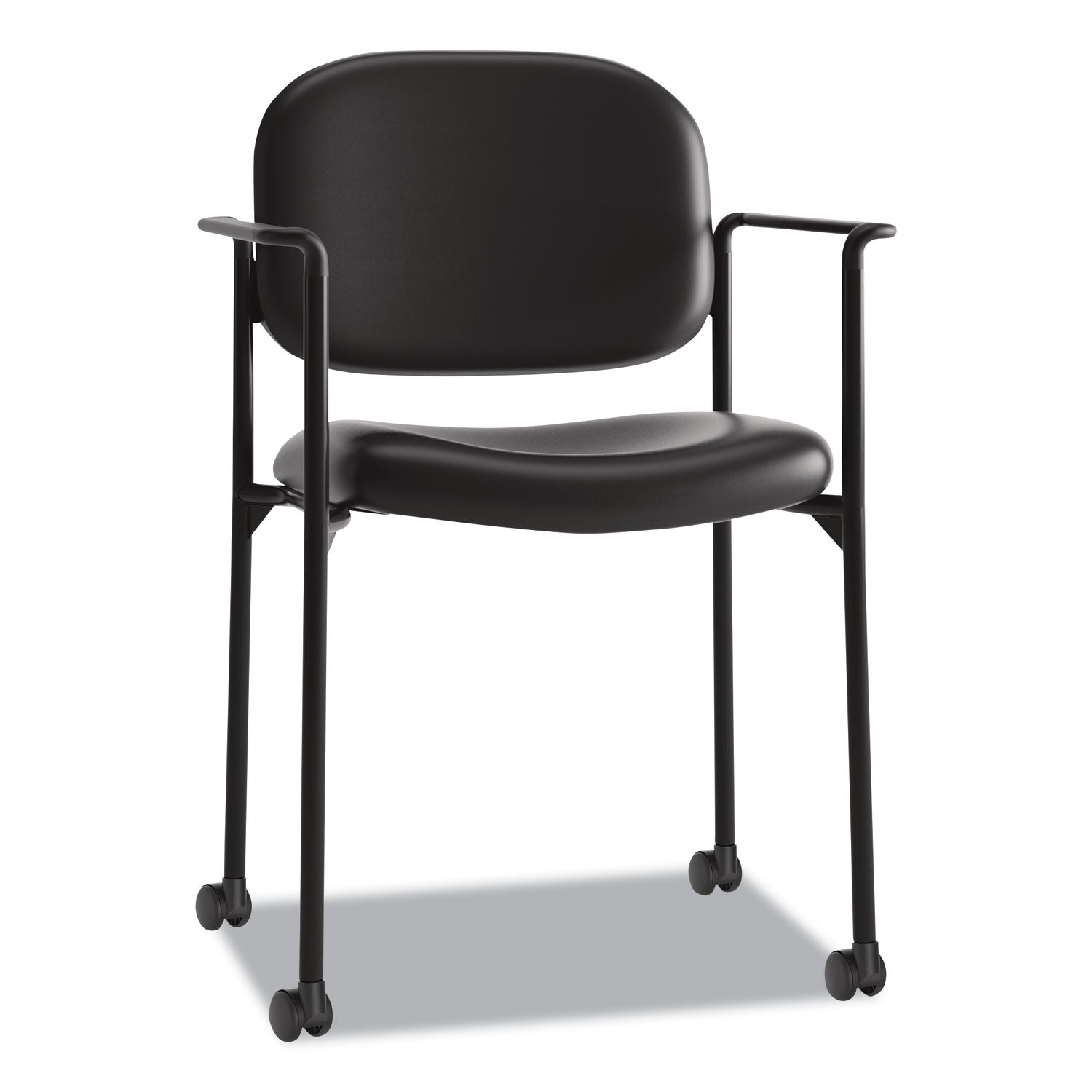 VL616 Stacking Guest Chair with Arms, Bonded Leather Upholstery, 23.25" x 21" x 32.75", Black Seat, Black Back, Black Base - 