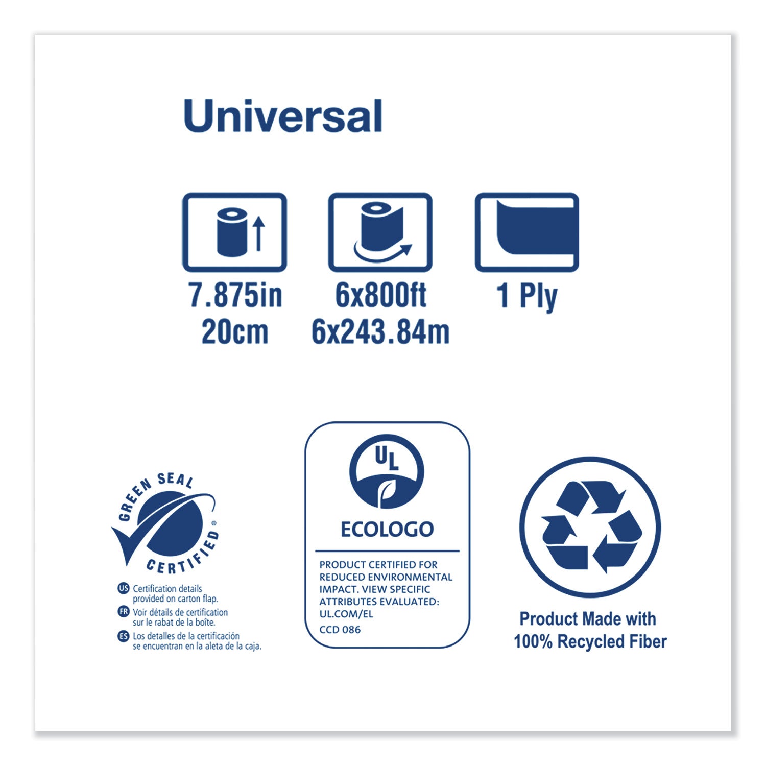Universal Hand Towel Roll, 1-Ply, 7.88" x 800 ft, Natural, 6 Rolls/Carton