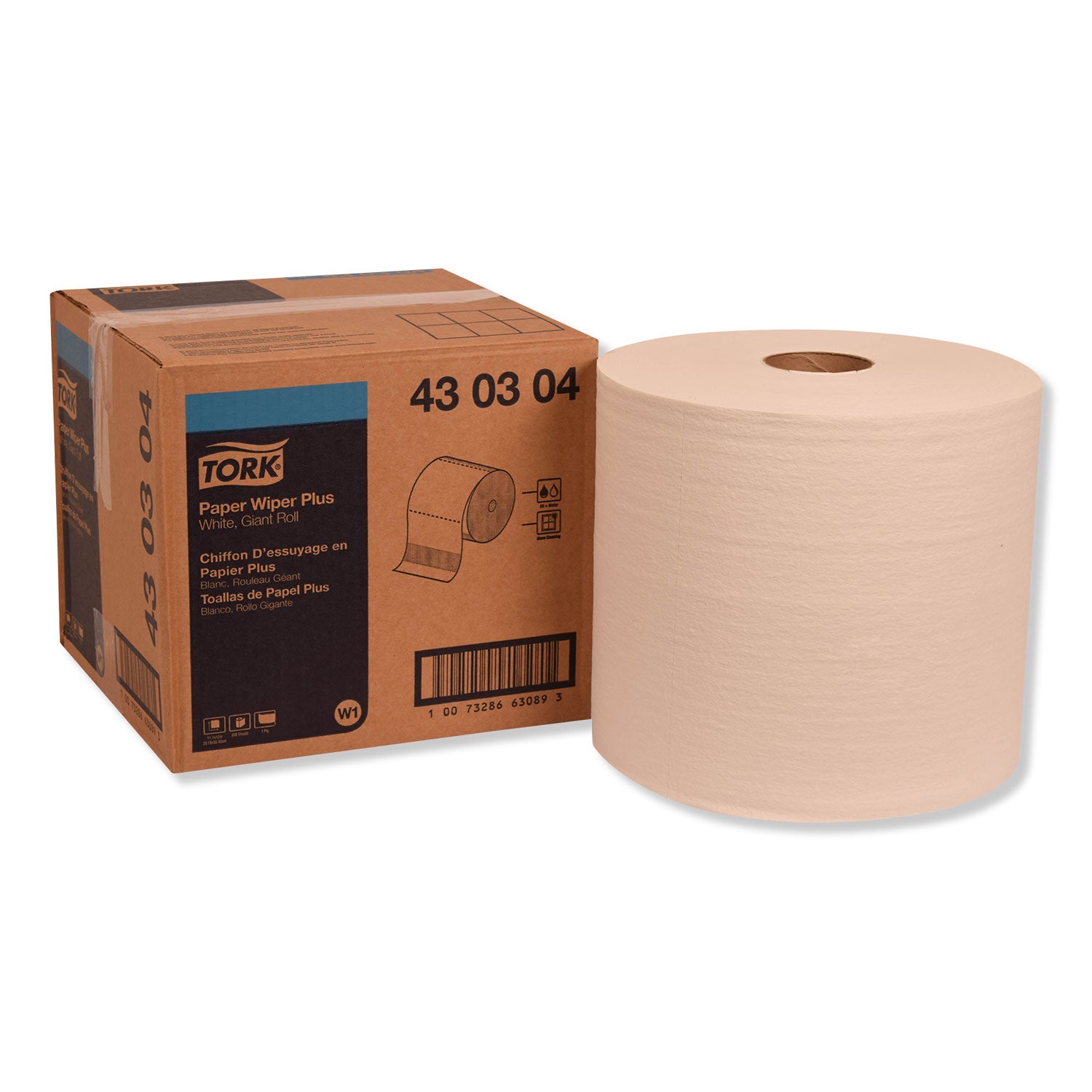 TORK Paper Wiper Plus - 1 Ply - 800 Sheets/Roll - 12.25" Roll Diameter - 3" Core - White - Strong, Absorbent, Easy Tear, Durable, Reusable, Textured, Lint-free, Streak-free - For Multipurpose - 1 / Carton