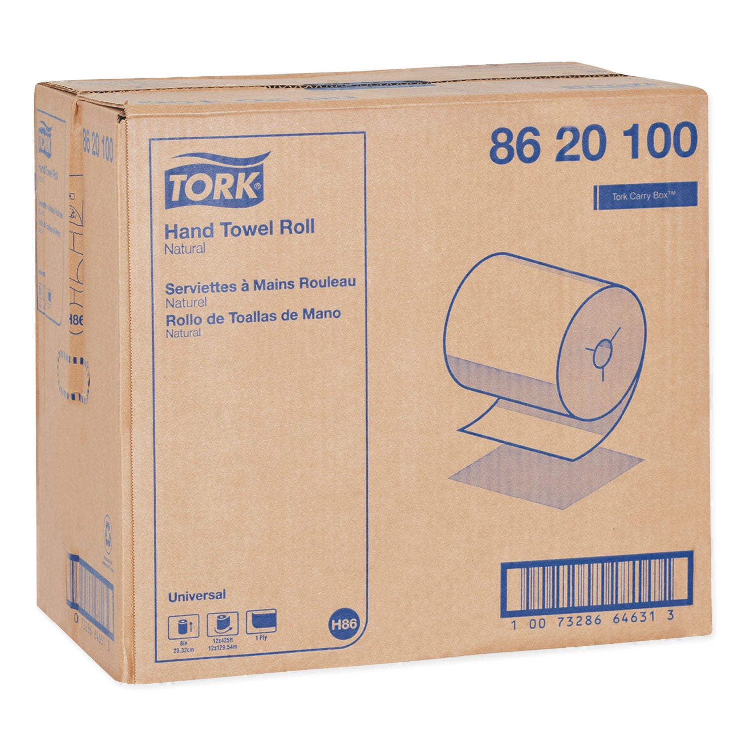 Universal Hand Towel Roll, Notched, 1-Ply, 8" x 425 ft, Natural, 12 Rolls/Carton