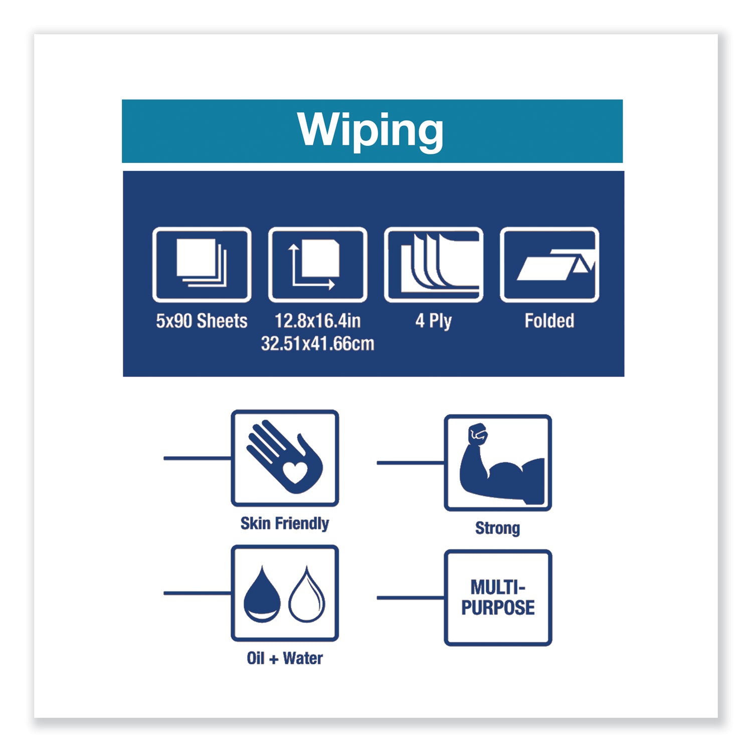 Industrial Paper Wiper, 4-Ply, 12.8 x 16.4, Unscented, Blue, 90/Pack, 5 Packs/Carton - 4