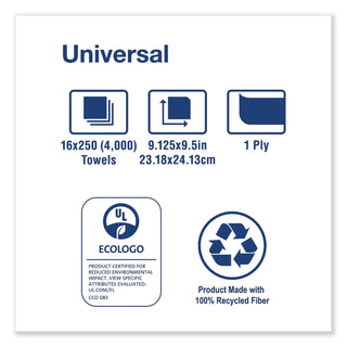 Universal Multifold Hand Towel, 1-Ply, 9.13 x 9.5, Natural, 250/Pack, 16 Packs/Carton