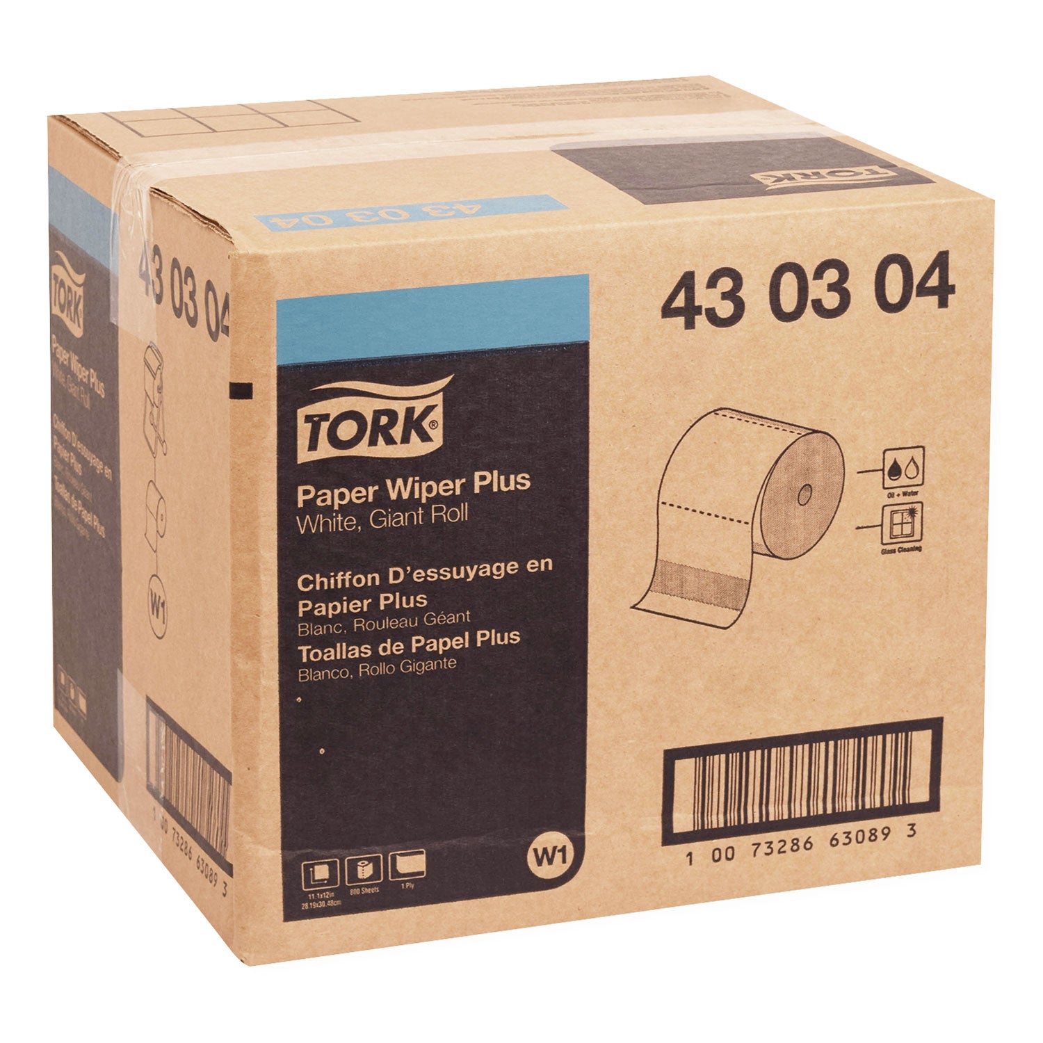 TORK Paper Wiper Plus - 1 Ply - 800 Sheets/Roll - 12.25" Roll Diameter - 3" Core - White - Strong, Absorbent, Easy Tear, Durable, Reusable, Textured, Lint-free, Streak-free - For Multipurpose - 1 / Carton