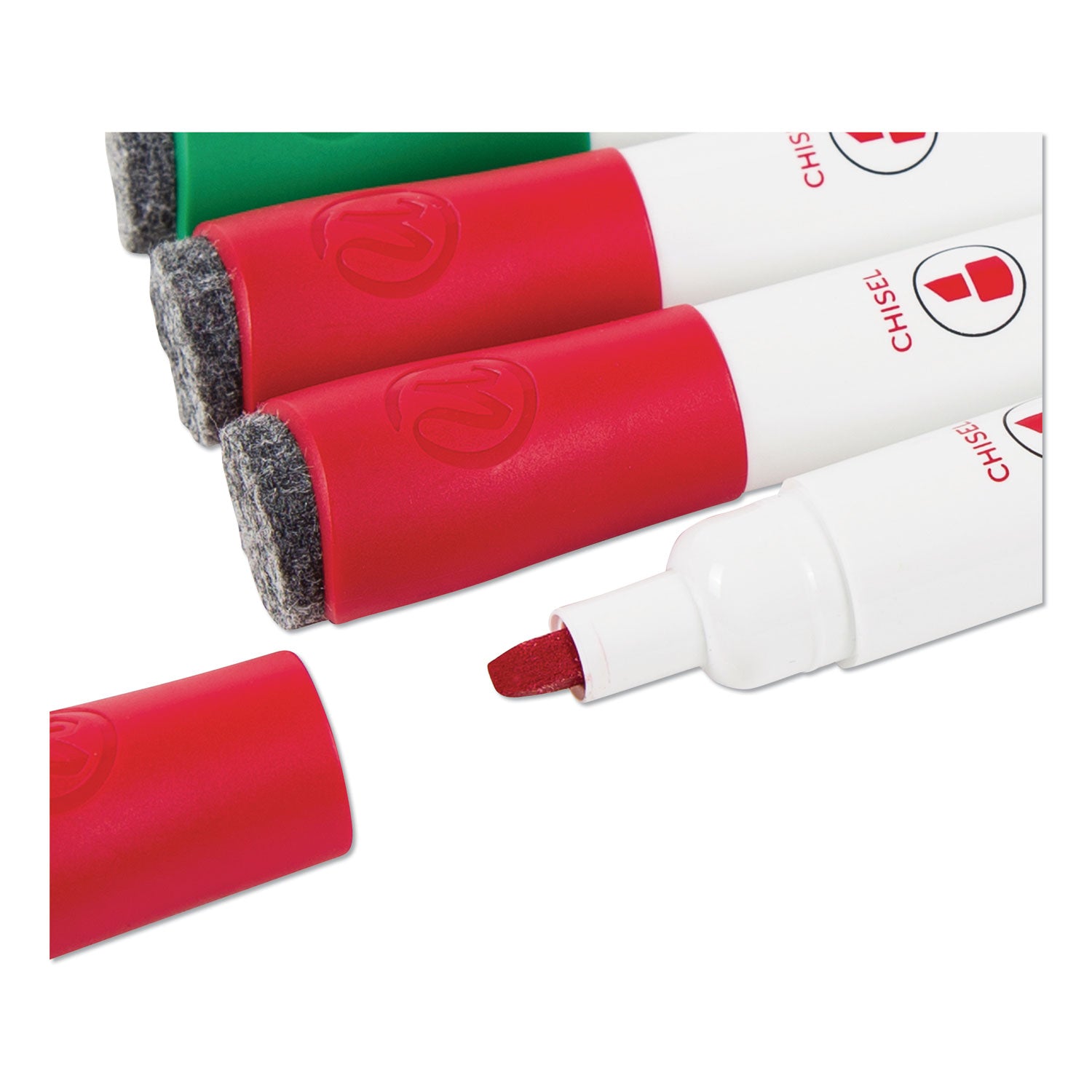 Chisel Tip Low-Odor Dry-Erase Markers with Erasers, Broad Chisel Tip, Assorted Colors, 12/Pack