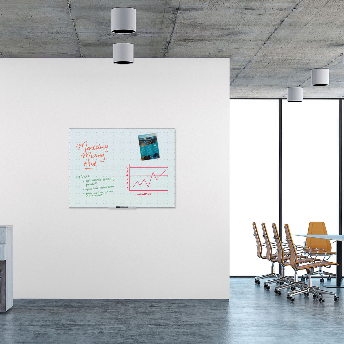 Floating Glass Ghost Grid Dry Erase Board, 47 x 35, White