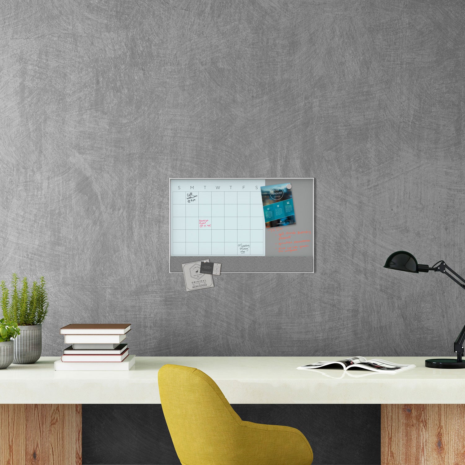 3N1 Magnetic Glass Dry Erase Combo Board, 23 x 17, Month View, Gray/White Surface, White Aluminum Frame