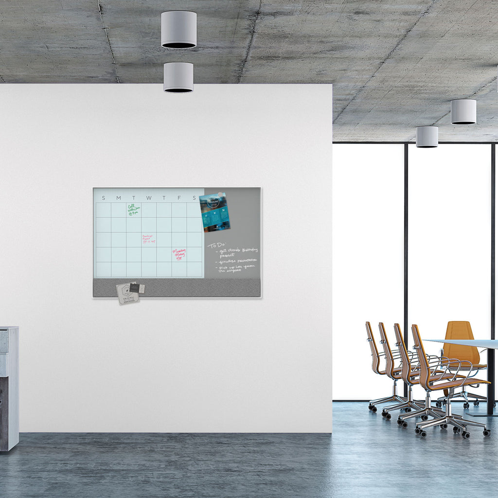 3N1 Magnetic Glass Dry Erase Combo Board, 47 x 35, Month View, Gray/White Surface, White Aluminum Frame